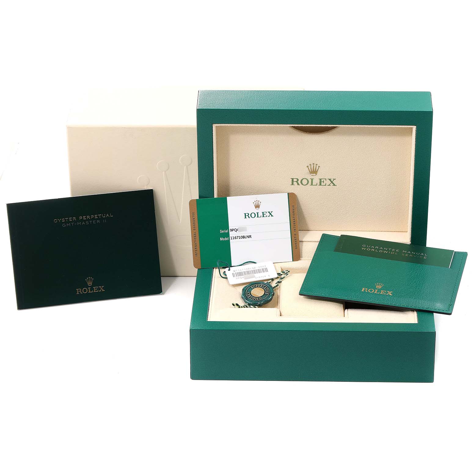 The image shows the packaging of a Rolex GMT-Master 116710 Men
s Stainless Steel Black Dial 116710 Men
s Stainless Steel Black Dial model watch, including the outer box, manuals, warranty card, and tags.