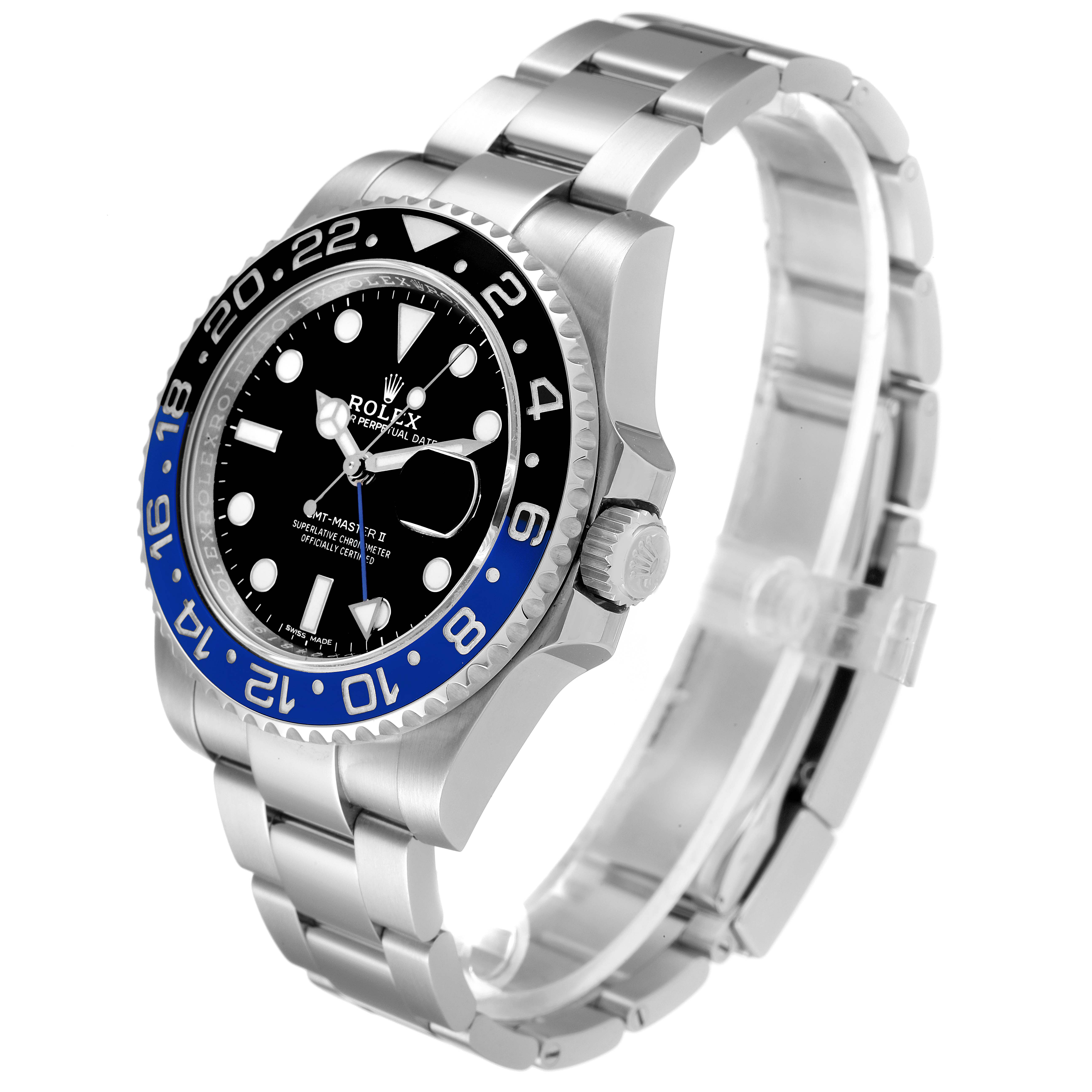 This image shows a Rolex GMT-Master 116710 Men
s Stainless Steel Black Dial 116710 Men
s Stainless Steel Black Dial II watch with a black and blue bezel, seen from a three-quarter angle.