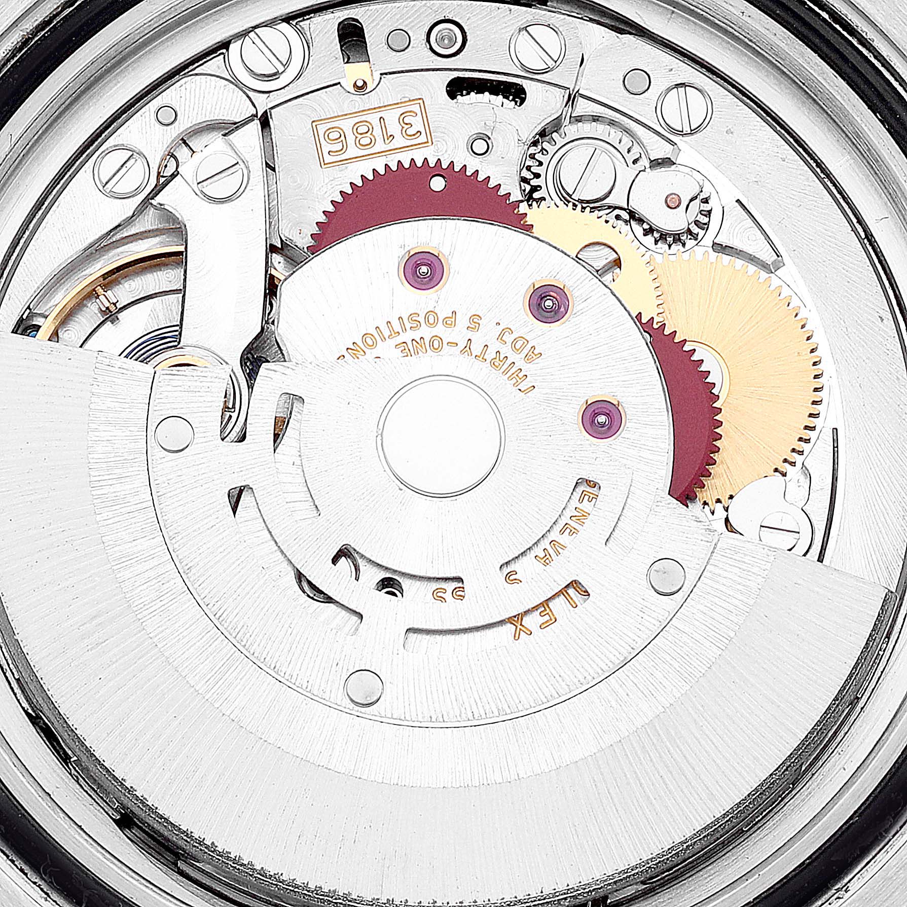This image shows the internal movement mechanism of a Rolex GMT-Master 116710 Men's Stainless Steel Black Dial 116710 Men's Stainless Steel Black Dial watch, showcasing gears and components at a close-up angle.
