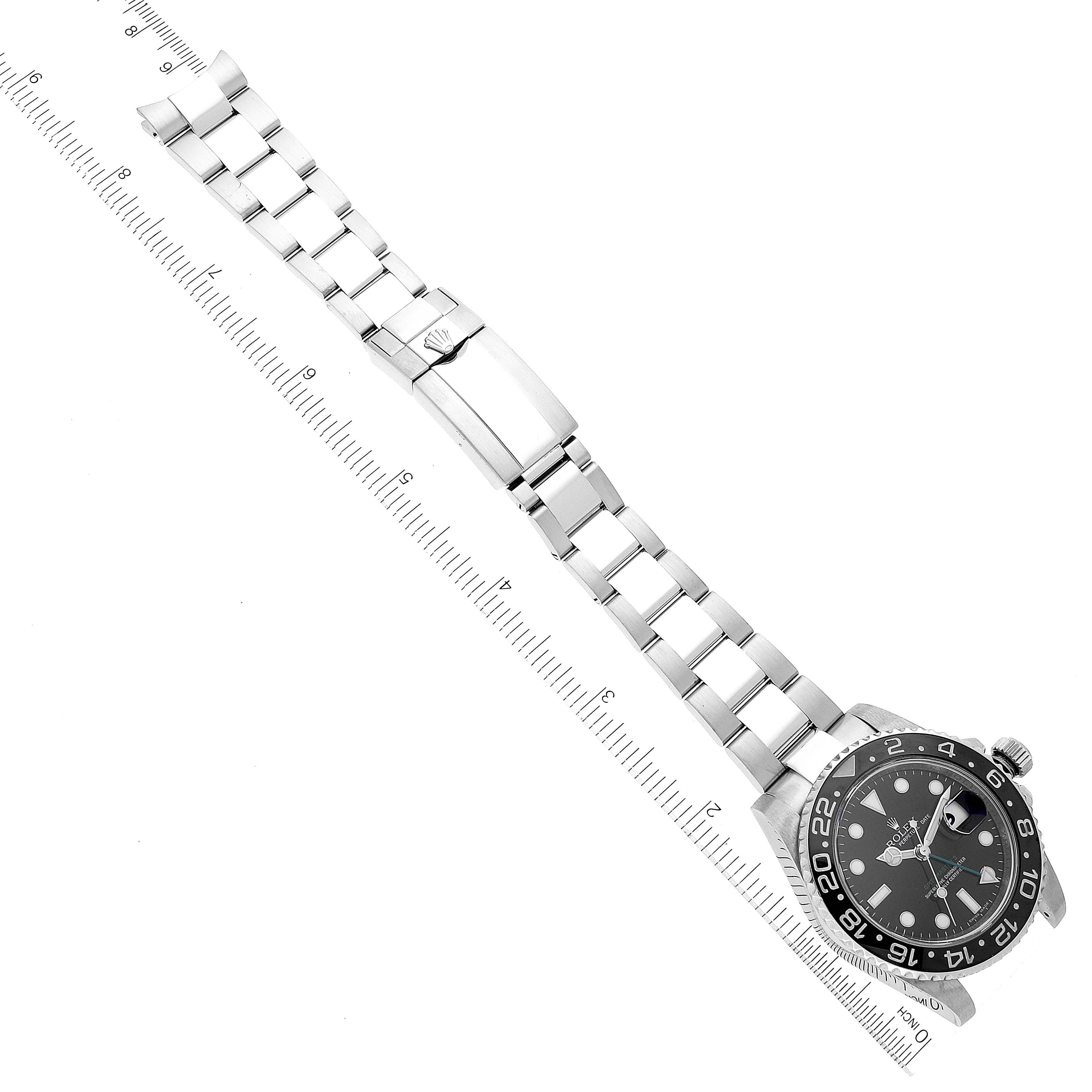 The image shows a top view of a Rolex GMT-Master 116710 Men's Stainless Steel Black Dial 116710 Men's Stainless Steel Black Dial watch, featuring the dial, bezel, case, and bracelet with clasp.