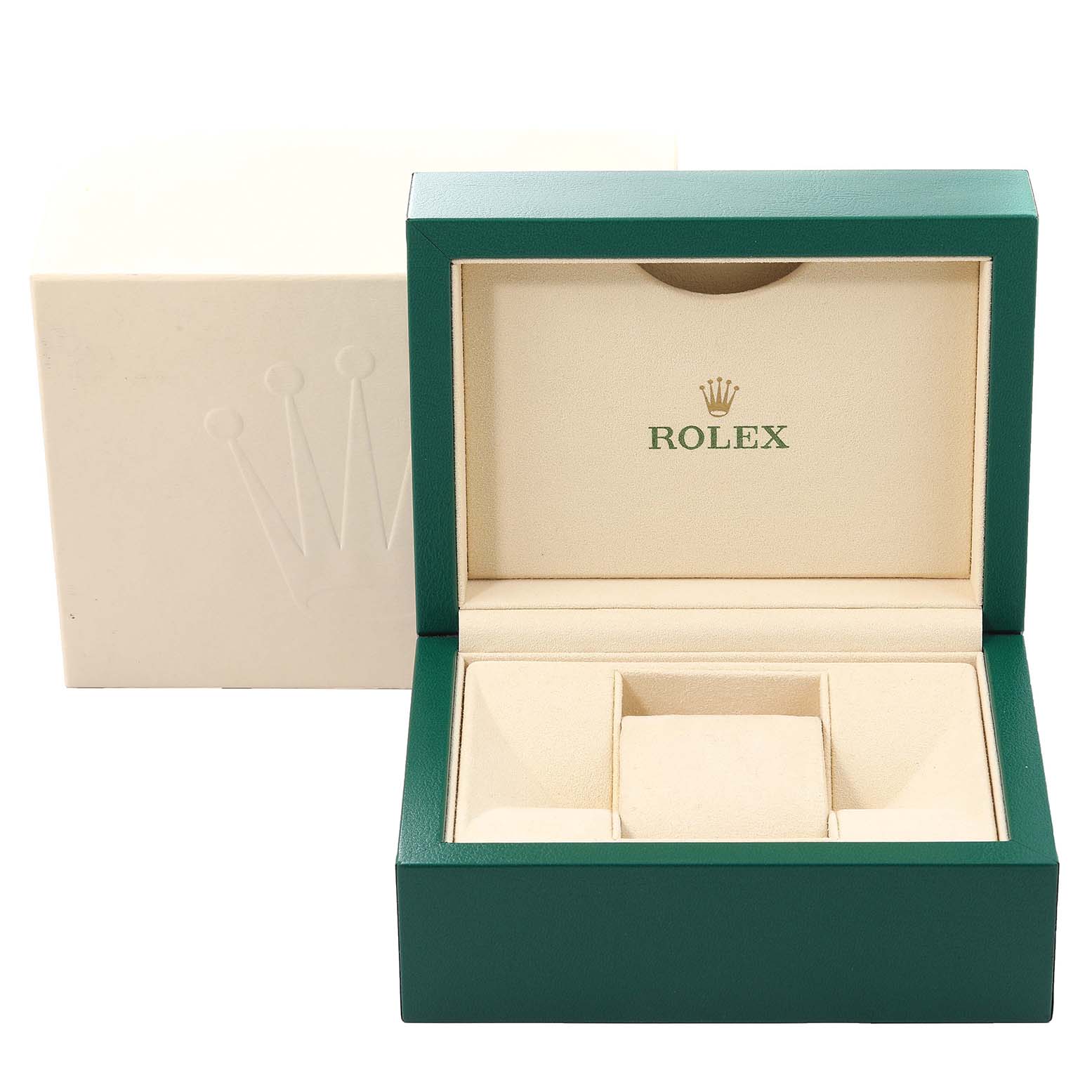 The image shows an open Rolex GMT-Master 116710 Men's Stainless Steel Black Dial 116710 Men's Stainless Steel Black Dial watch box, revealing its interior compartments and the Rolex logo.