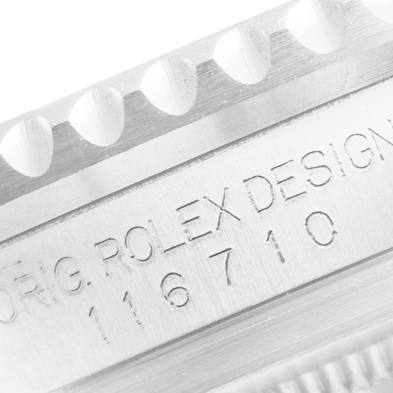 This image shows a close-up of the case side of a Rolex GMT-Master 116710 Men
s Stainless Steel Black Dial 116710 Men
s Stainless Steel Black Dial, highlighting the model number engraving.