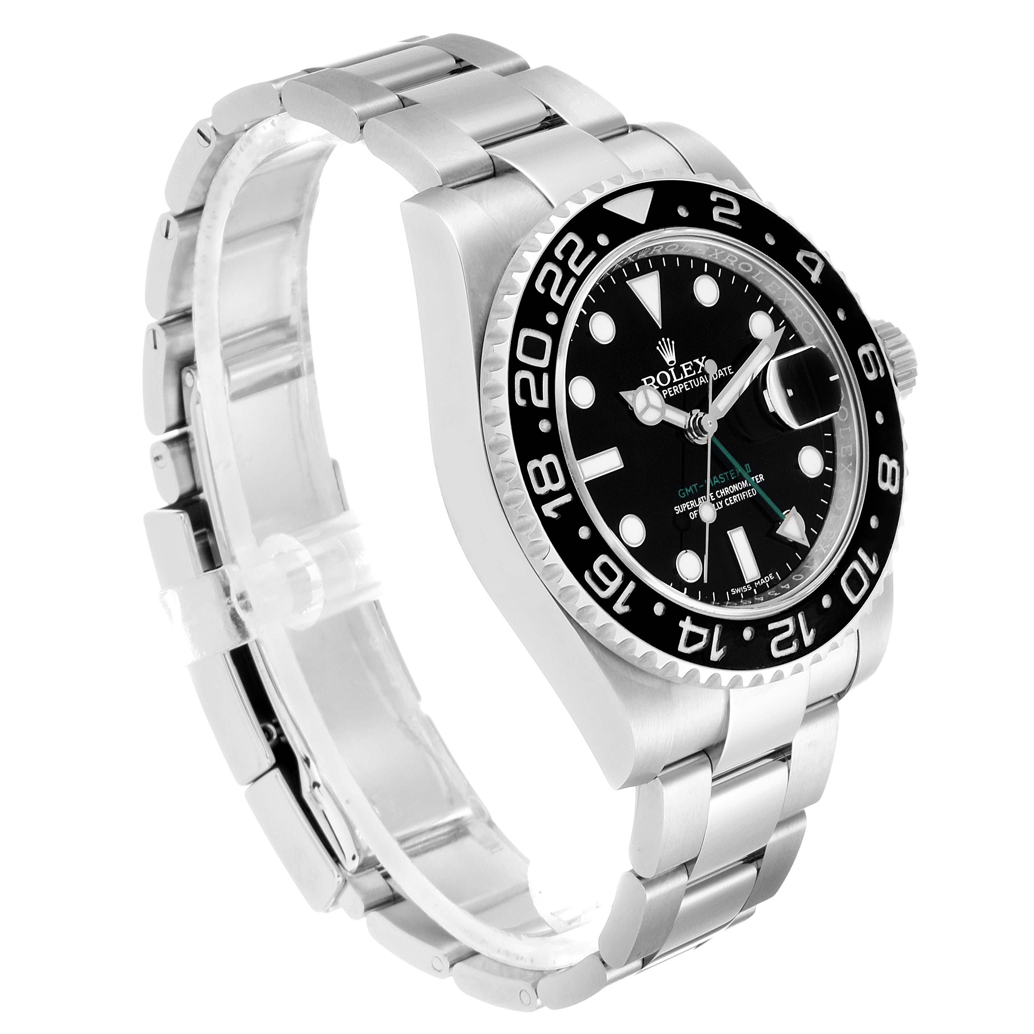 This image shows a Rolex GMT-Master 116710 Men
s Stainless Steel Black Dial 116710 Men
s Stainless Steel Black Dial watch at an angle highlighting the face, bezel, and bracelet.