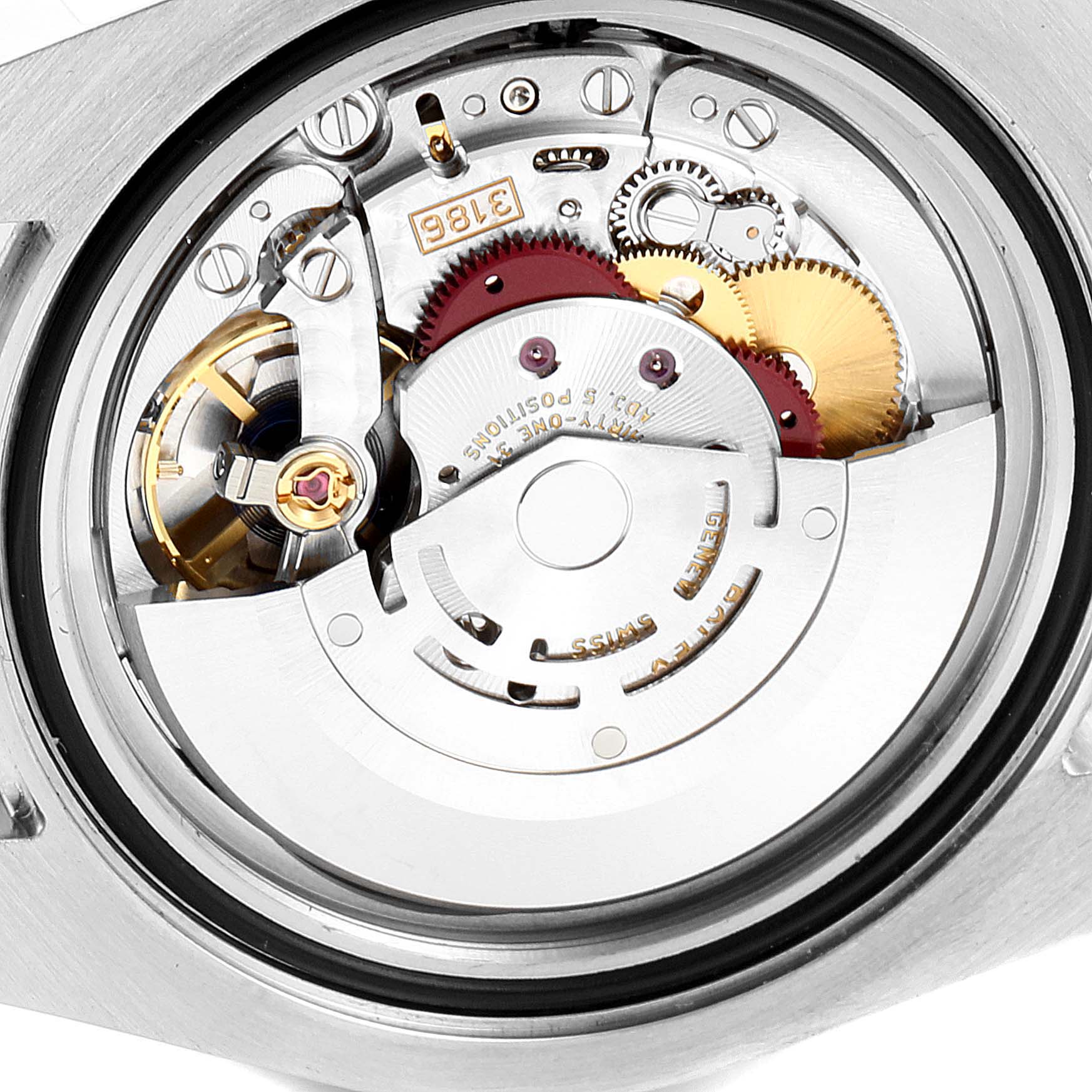 The image shows a close-up of the movement and internal mechanisms of a Rolex GMT-Master 116710 Men
s Stainless Steel Black Dial 116710 Men
s Stainless Steel Black Dial watch from the back.