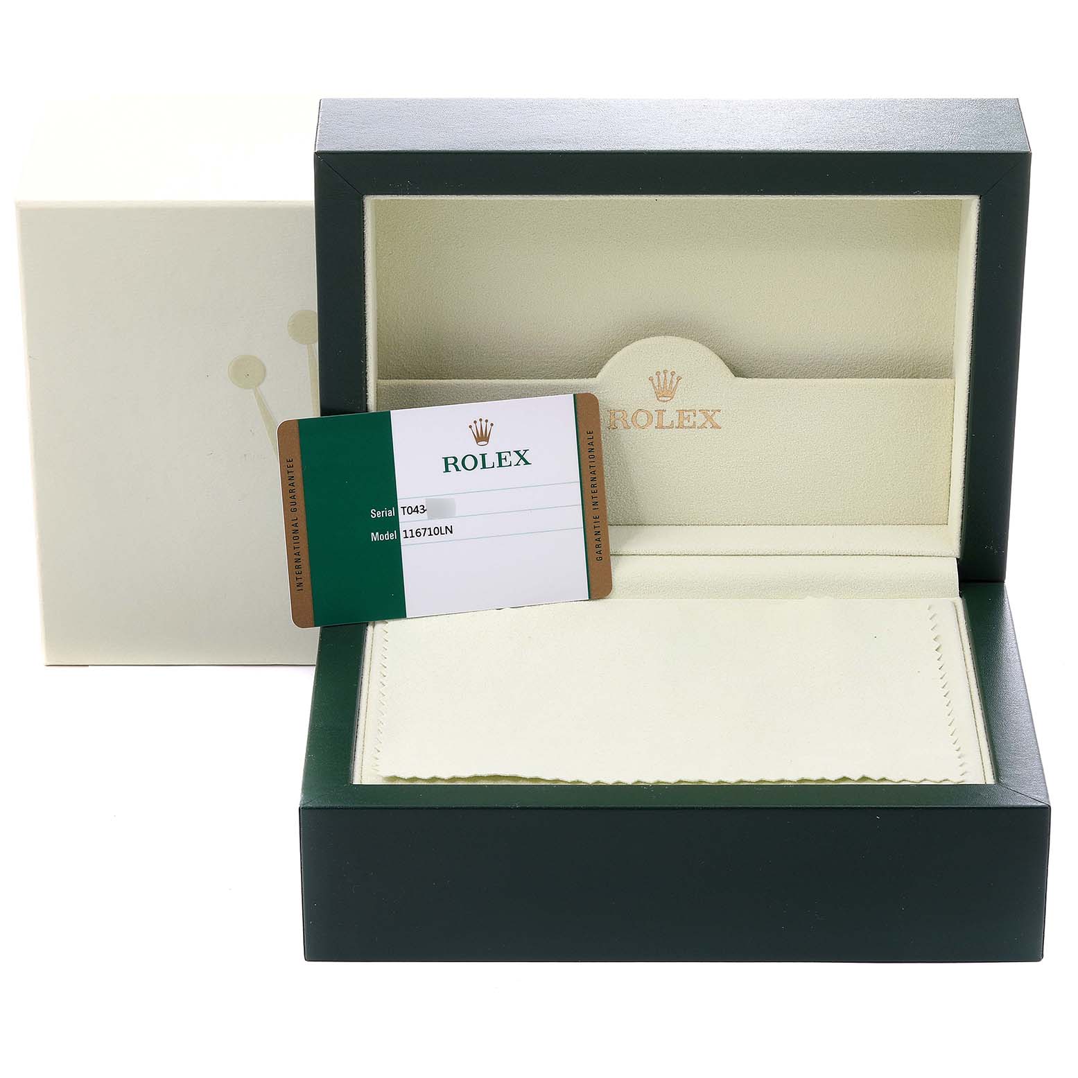 This image shows a Rolex GMT-Master 116710 Men
s Stainless Steel Black Dial 116710 Men
s Stainless Steel Black Dial watch box, warranty card, and inner cushion from a frontal angle.