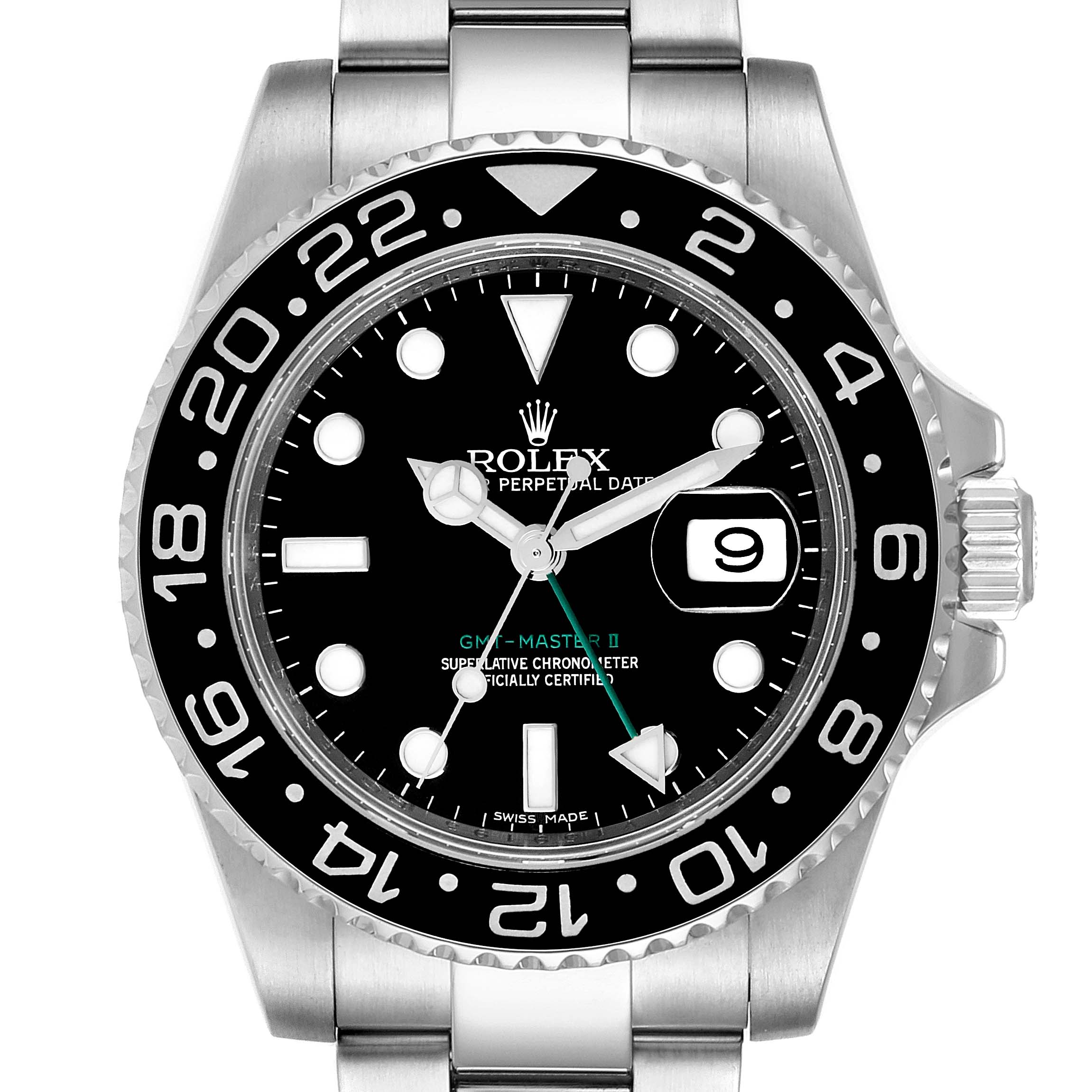 This image shows a frontal view of the Rolex GMT-Master 116710 Men
s Stainless Steel Black Dial 116710 Men
s Stainless Steel Black Dial watch, displaying the dial, bezel, date window, and part of the bracelet.