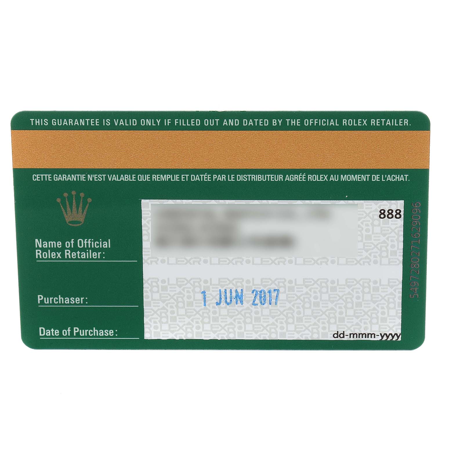 This is a guarantee card for the Rolex GMT-Master 116710 Men
s Stainless Steel Black Dial 116710 Men
s Stainless Steel Black Dial watch, displaying the retailer
s and purchase details.