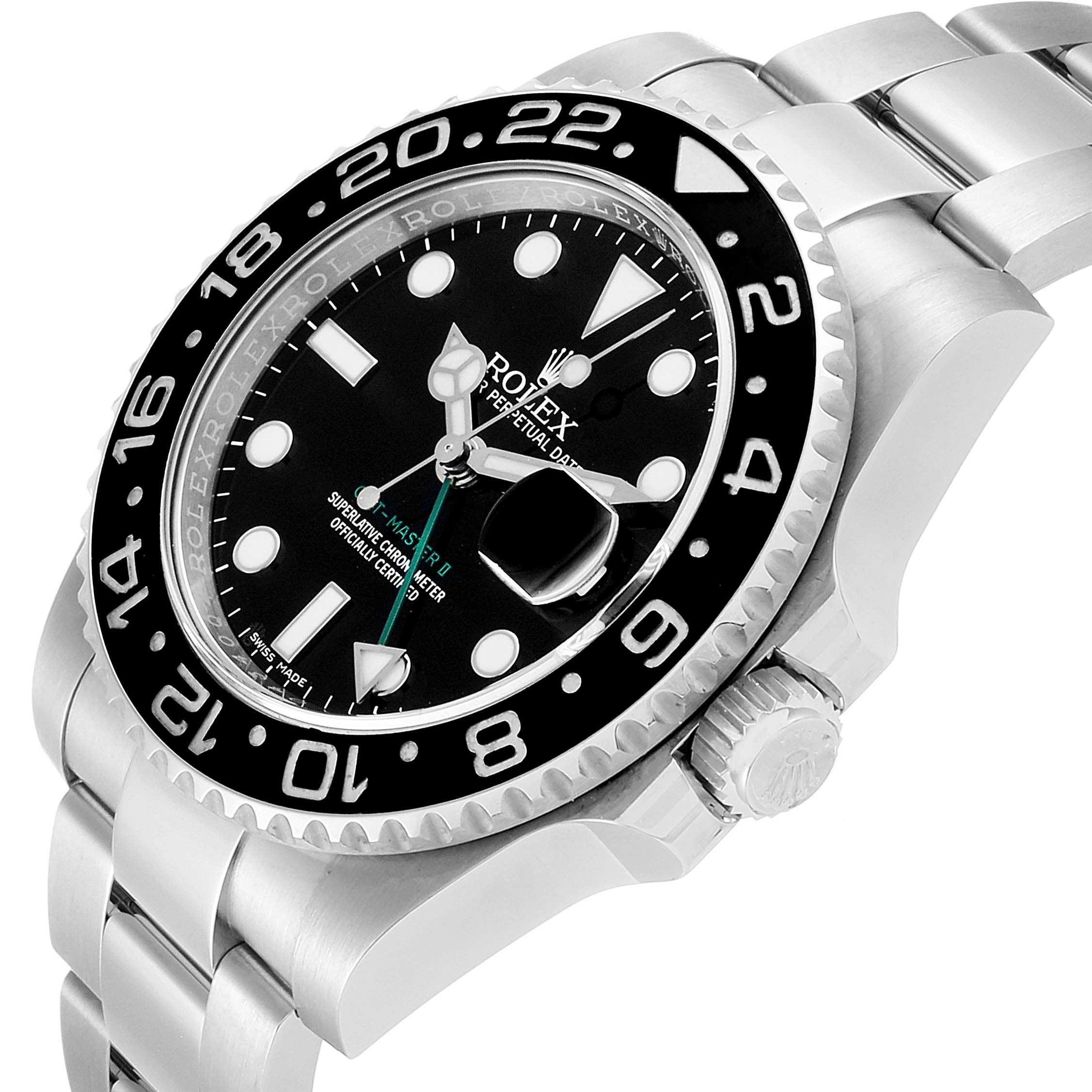 The image shows a close-up angled view of a Rolex GMT-Master 116710 Men
s Stainless Steel Black Dial 116710 Men
s Stainless Steel Black Dial wristwatch, highlighting the face, bezel, crown, and part of the bracelet.