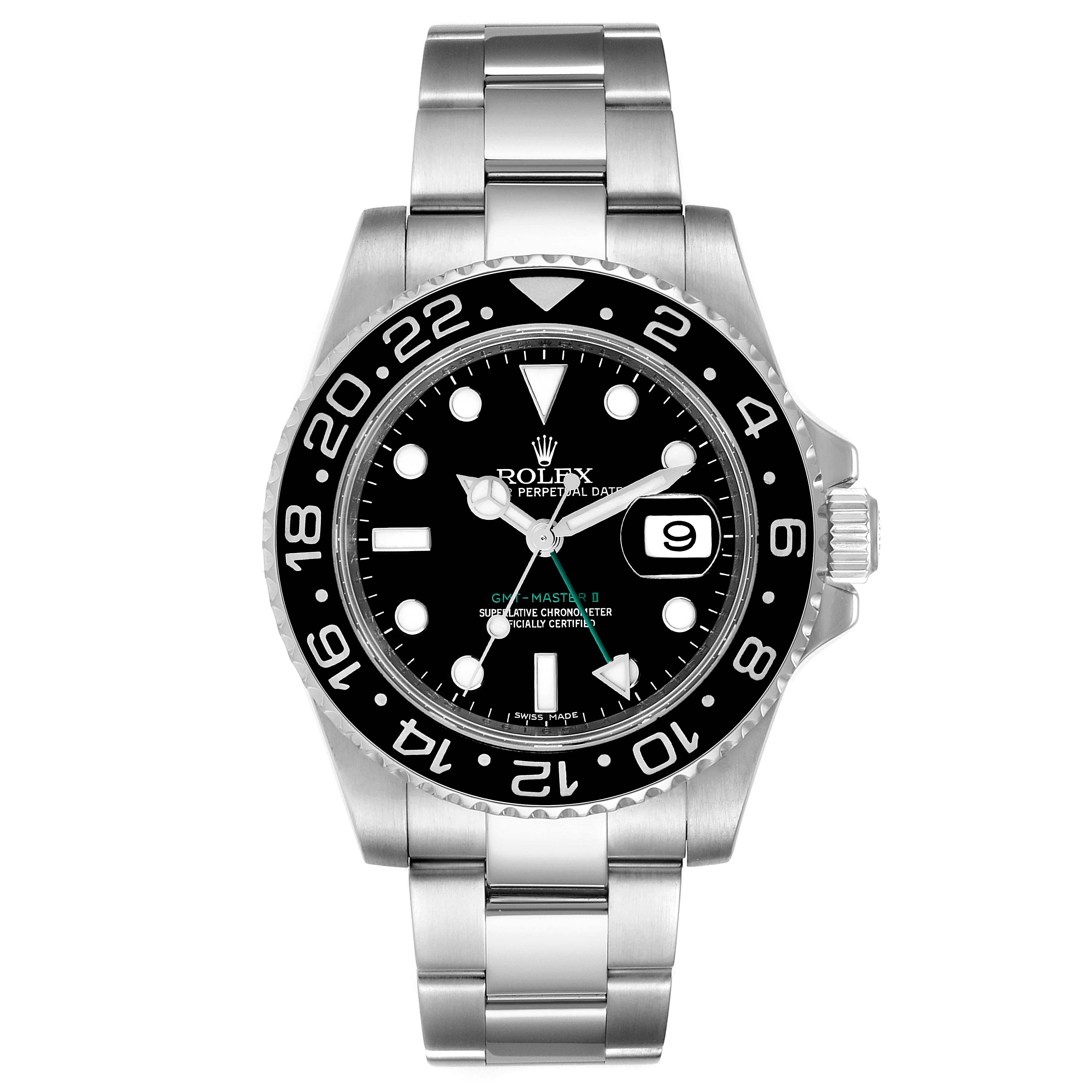 This image shows a frontal view of the Rolex GMT-Master 116710 Men
s Stainless Steel Black Dial 116710 Men
s Stainless Steel Black Dial watch, displaying its bezel, dial, hands, and metal bracelet.