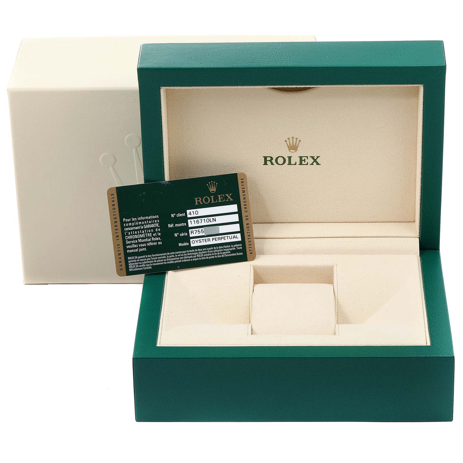 The image shows an open box for a Rolex GMT-Master 116710 Men
s Stainless Steel Black Dial 116710 Men
s Stainless Steel Black Dial watch, featuring its outer box and an Best Quality
ity card.