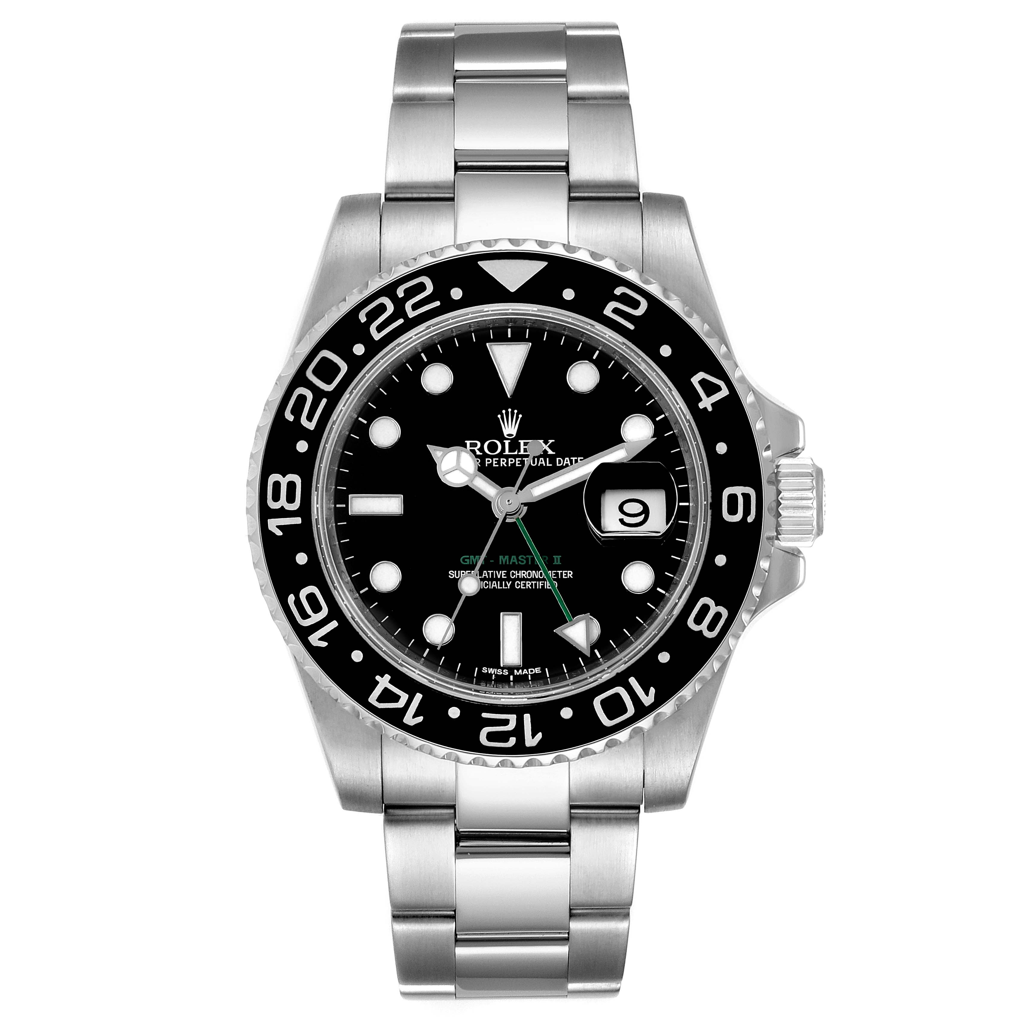 The image shows a front view of the Rolex GMT-Master 116710 Men
s Stainless Steel Black Dial 116710 Men
s Stainless Steel Black Dial II, highlighting its dial, bezel, and bracelet.