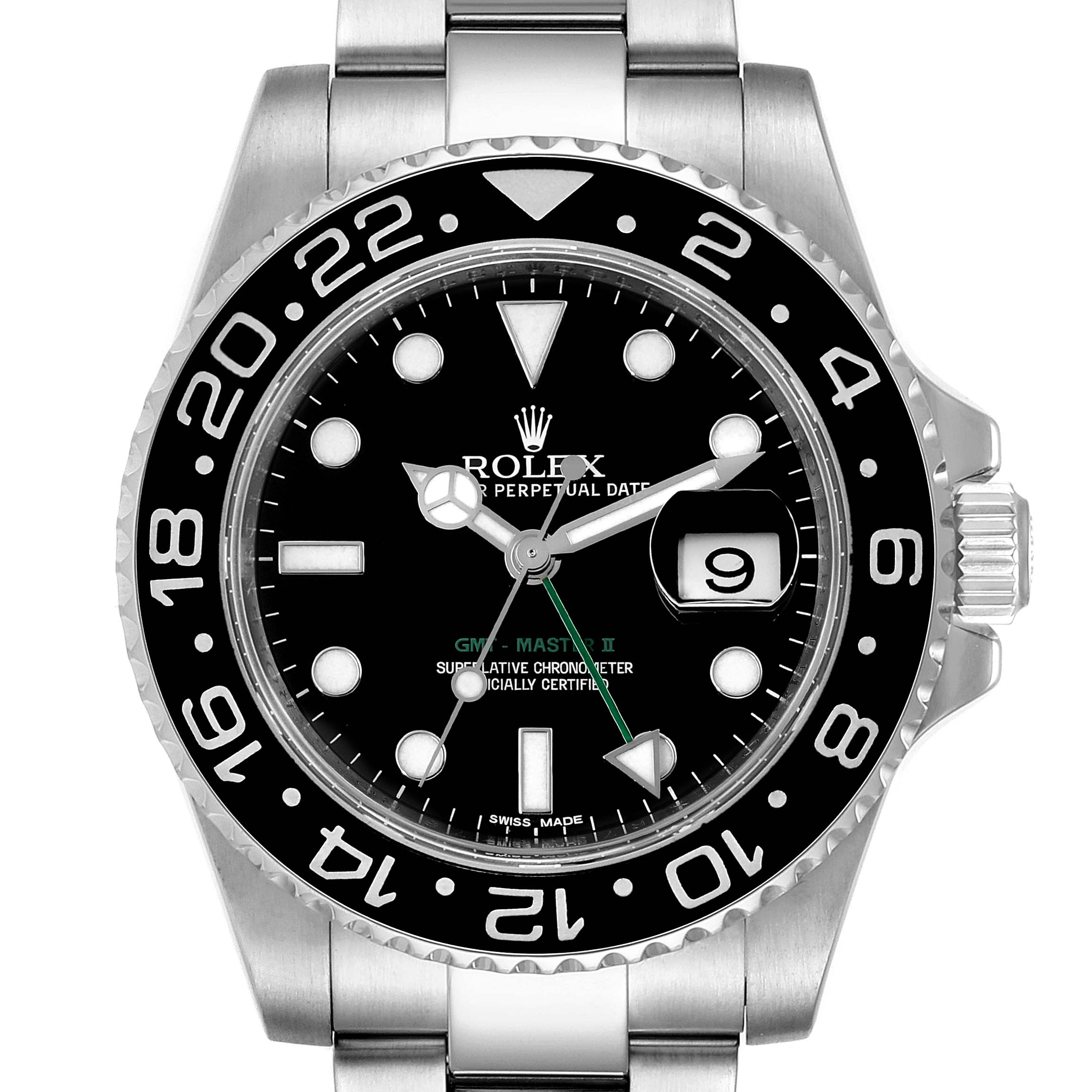 This image shows a front view of the Rolex GMT-Master 116710 Men
s Stainless Steel Black Dial 116710 Men
s Stainless Steel Black Dial II watch, highlighting the dial, bezel, hour markers, and crown.
