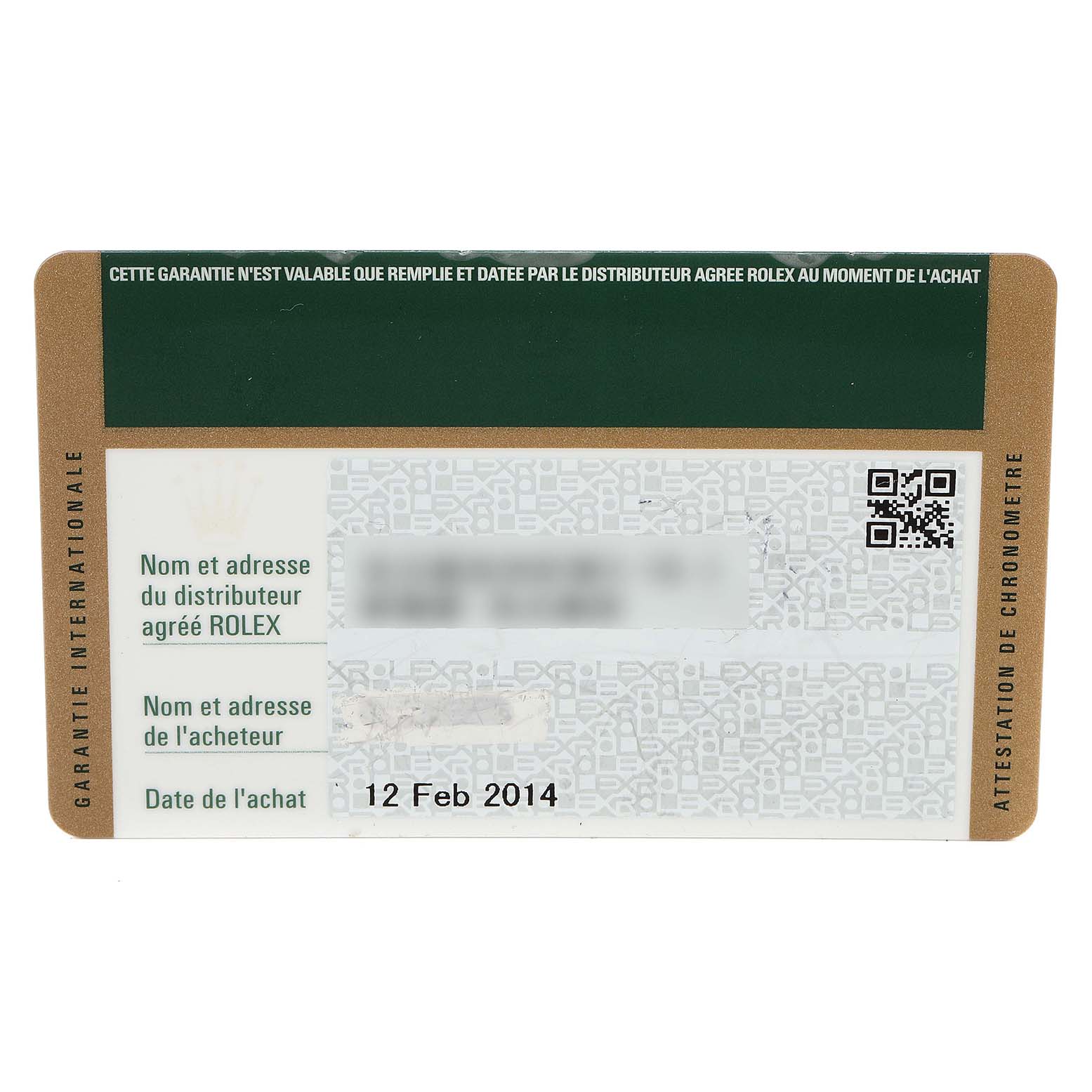 This image shows the warranty card for a Rolex GMT-Master 116710 Men
s Stainless Steel Black Dial 116710 Men
s Stainless Steel Black Dial, dated 12 Feb 2014, including dealer and purchaser details.