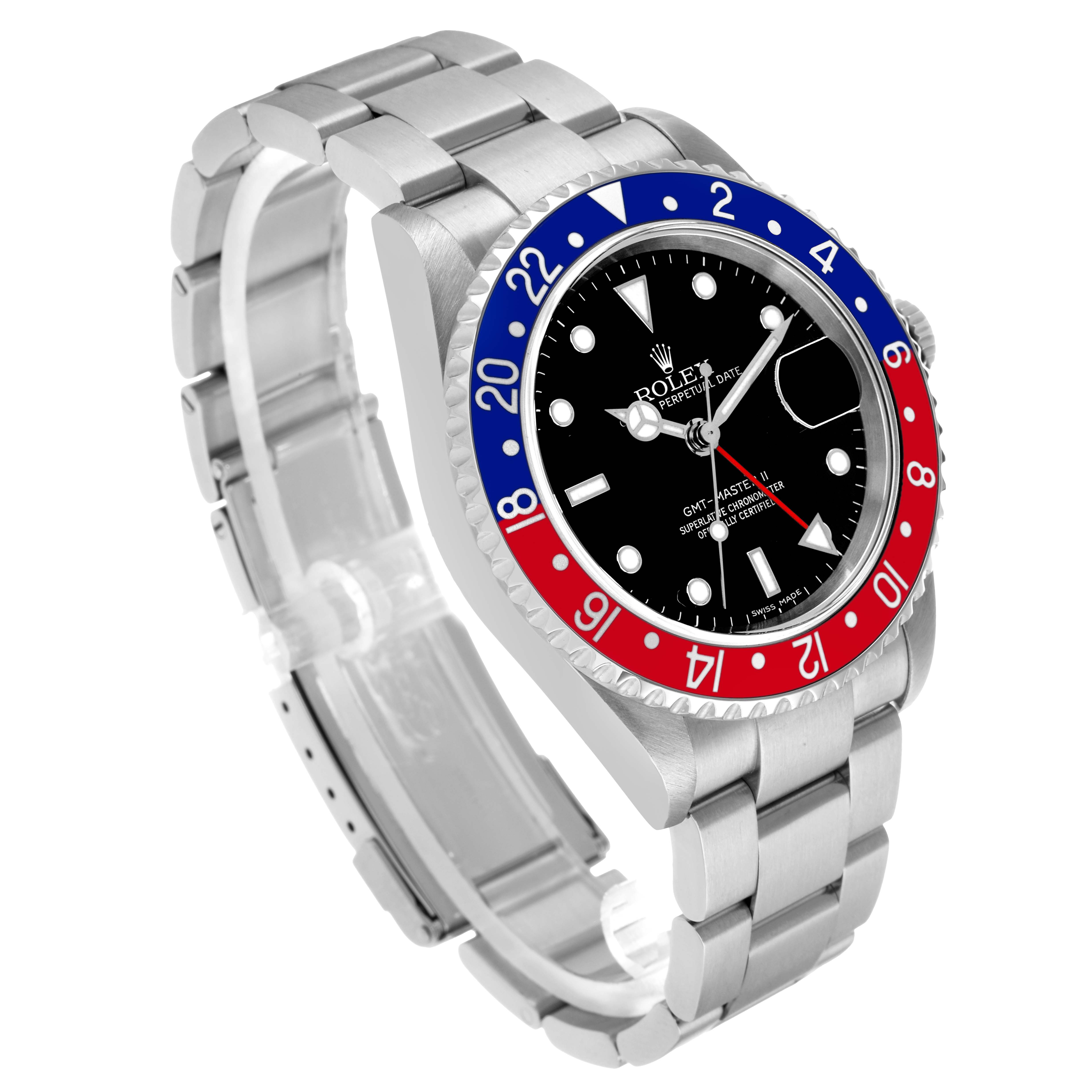 The Rolex GMT-Master 16710 Men's Stainless Steel Black Dial watch is shown at a slightly angled side view, highlighting its red and blue bezel, black dial, and steel bracelet.
