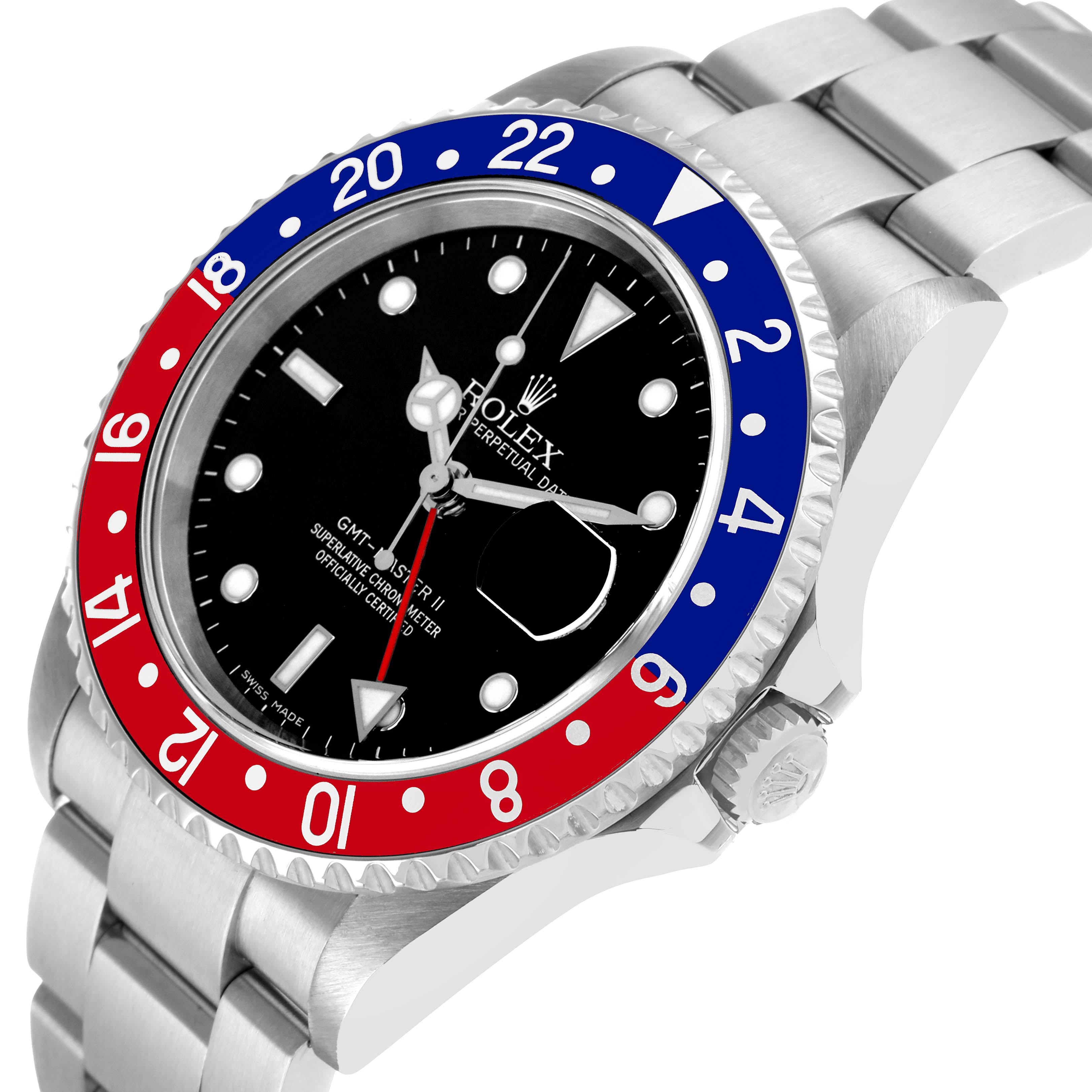 The Rolex GMT-Master 16710 Men's Stainless Steel Black Dial watch is shown at a three-quarter angle highlighting the bezel, crown, and part of the bracelet.