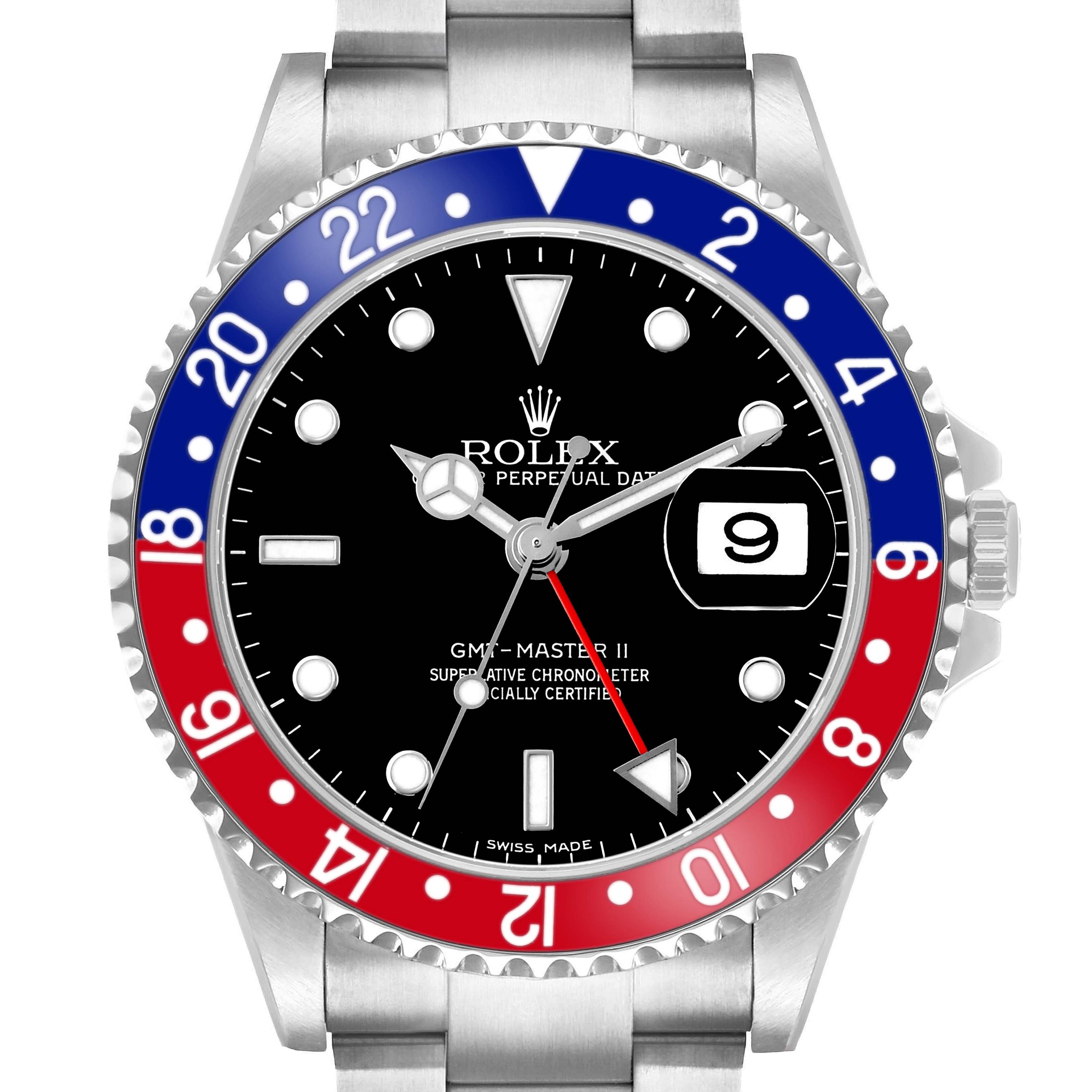 The Rolex GMT-Master 16710 Men's Stainless Steel Black Dial model watch is shown from a frontal angle, displaying its red and blue bezel and dial.