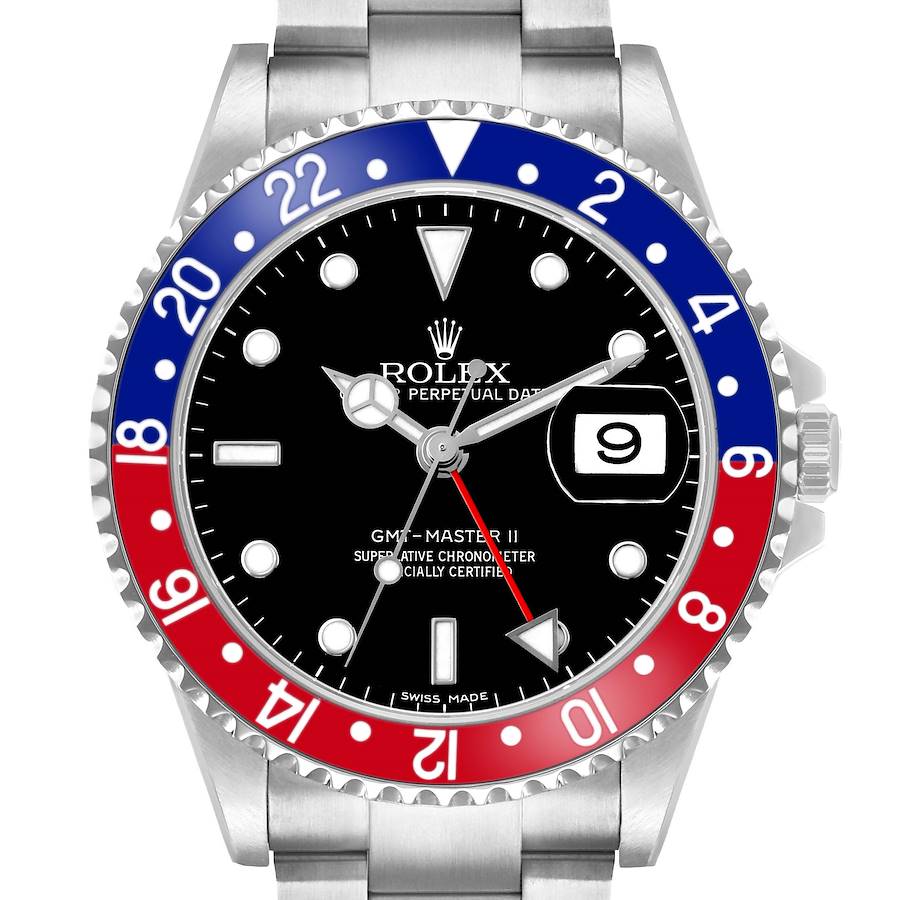 The Rolex GMT-Master 16710 Men's Stainless Steel Black Dial model watch is shown from a frontal angle, displaying its red and blue bezel and dial.