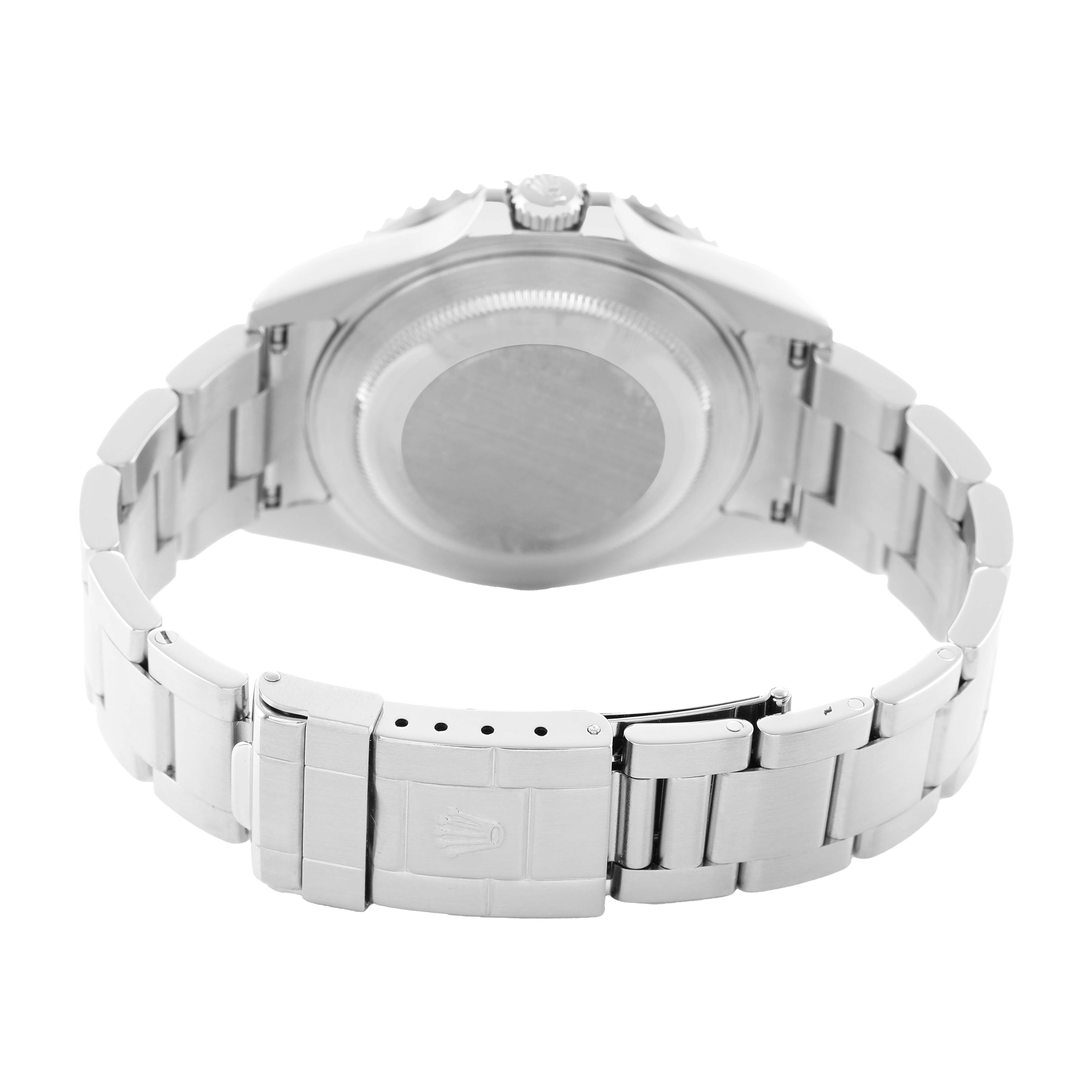 The image shows the back and clasp of a Rolex GMT-Master 16710 Men's Stainless Steel Black Dial, highlighting the bracelet and case back.