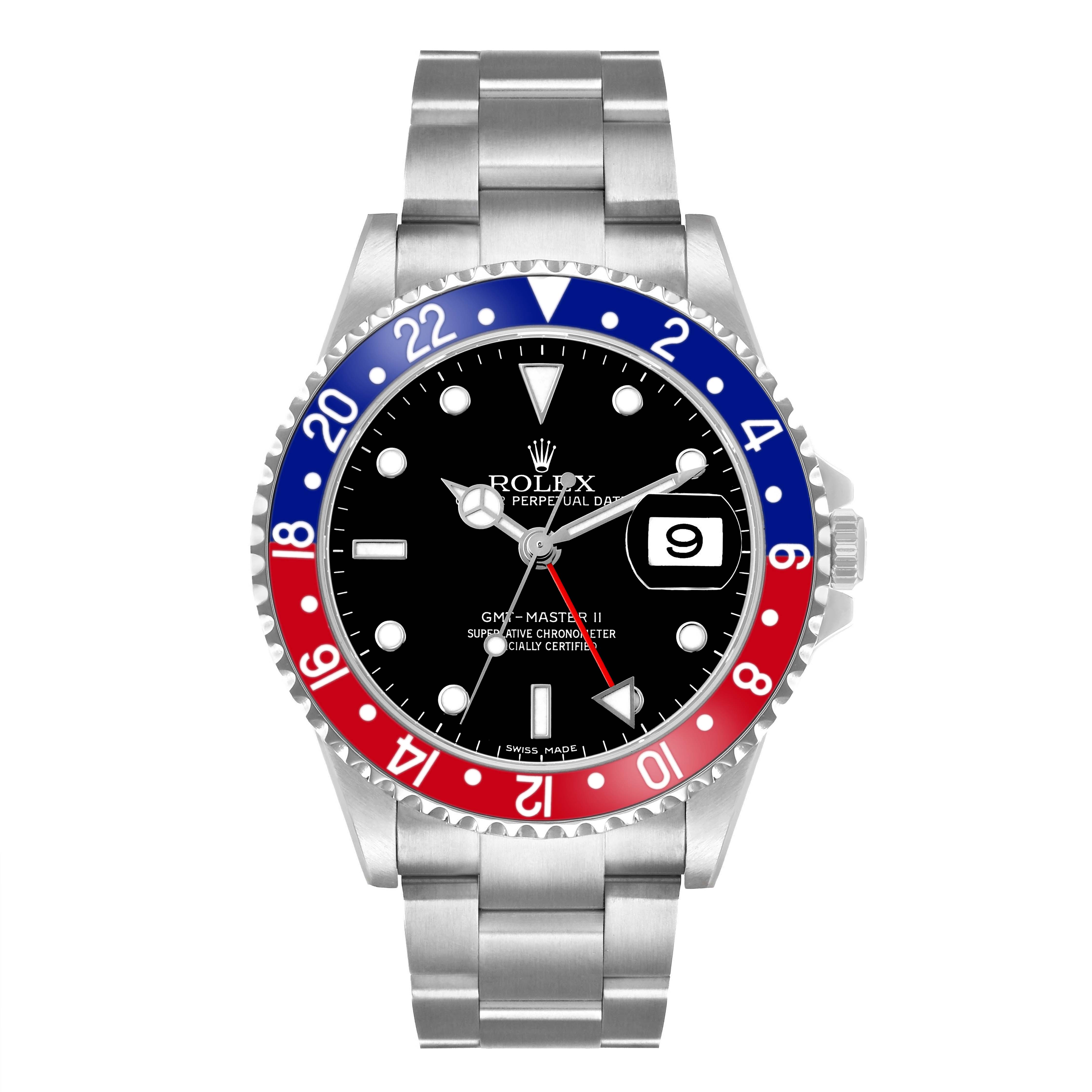 The Rolex GMT-Master 16710 Men's Stainless Steel Black Dial watch is shown from a top view, highlighting its bezel, dial, bracelet, and date window.