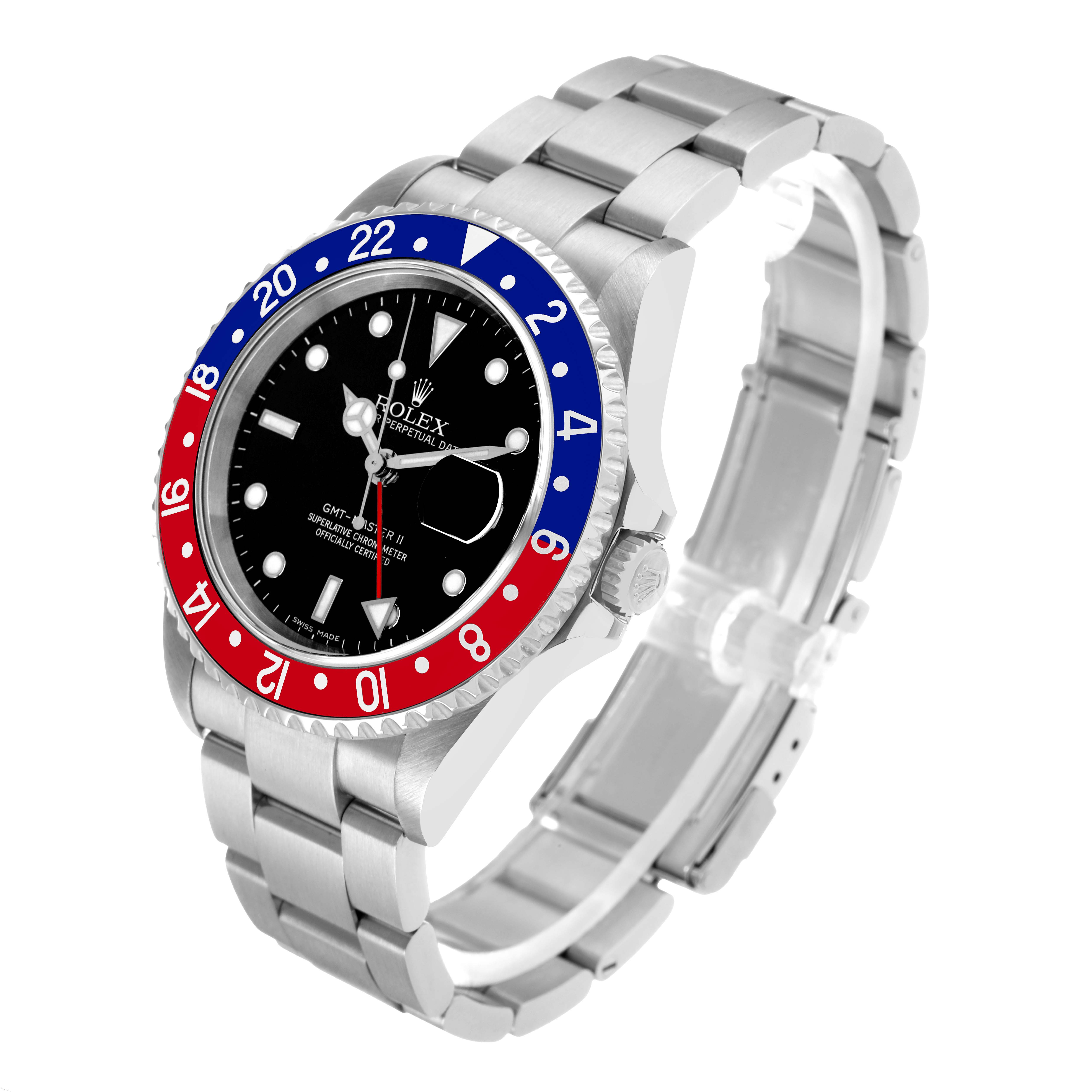 The Rolex GMT-Master 16710 Men's Stainless Steel Black Dial watch is shown at a three-quarter angle, highlighting the bezel, dial, crown, and bracelet.