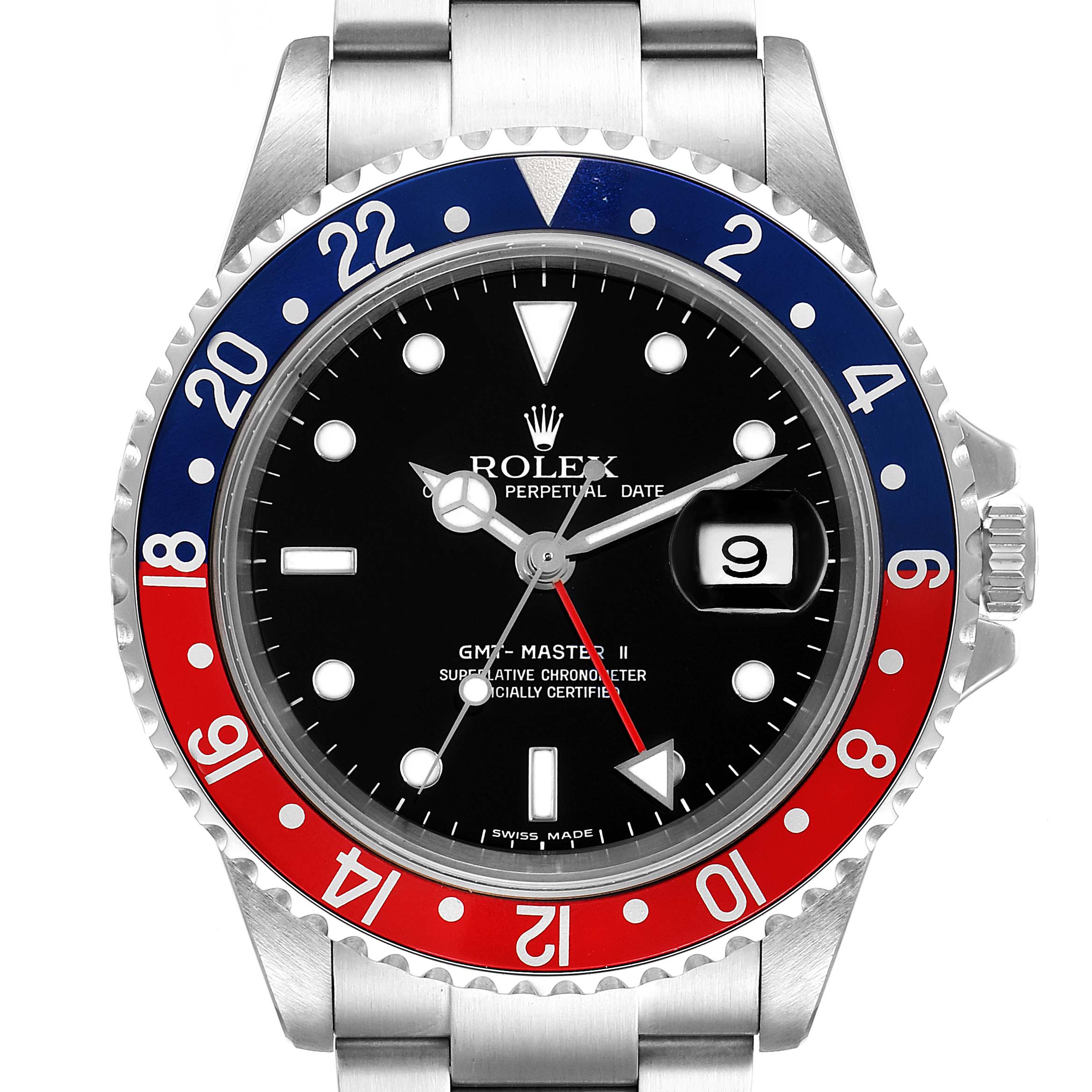 The image shows a front view of the Rolex GMT-Master 16710 Men
s Stainless Steel Black Dial 16710 Men
s Stainless Steel Black Dial II watch, highlighting the dial, bezel, and part of the bracelet.