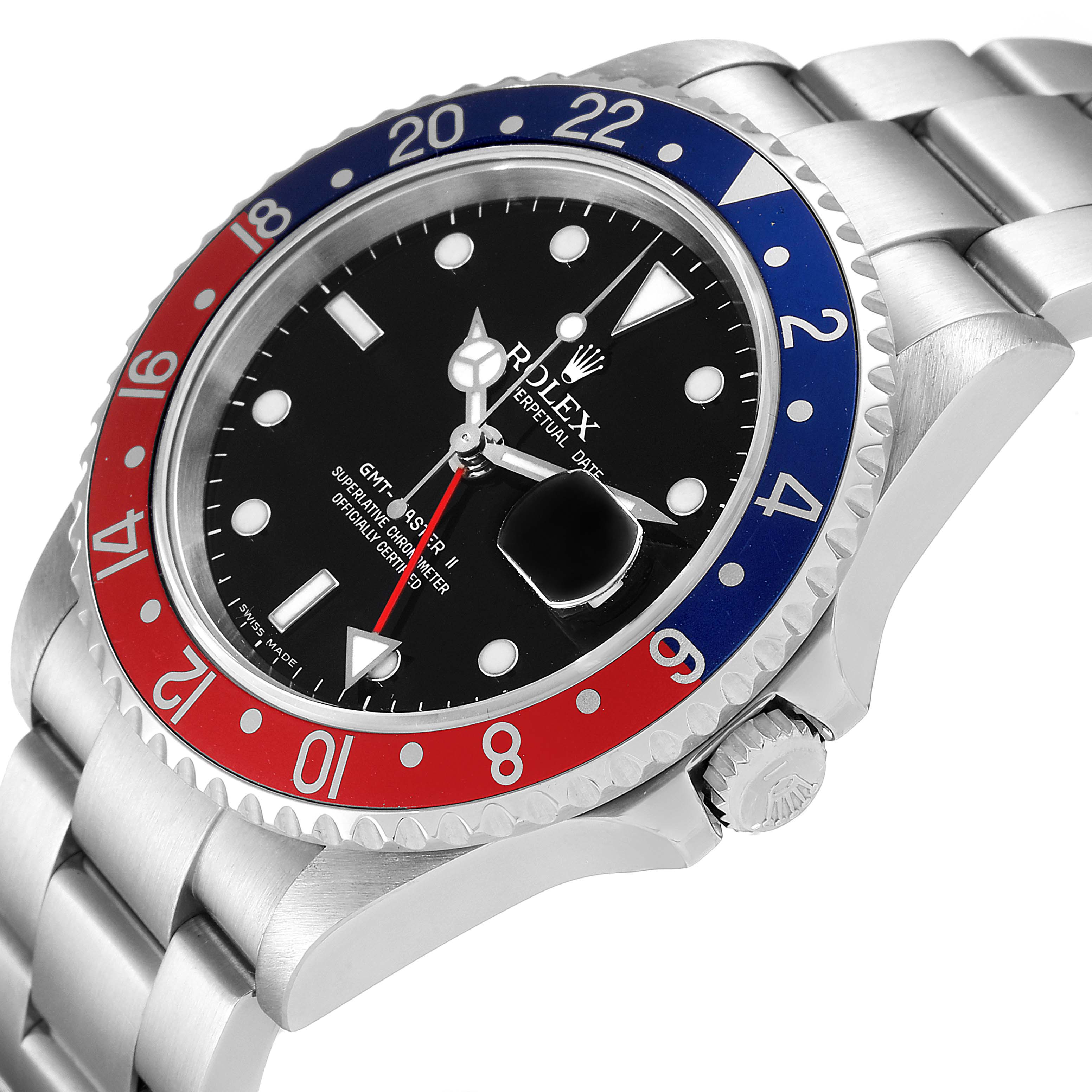 The image shows a Rolex GMT-Master 16710 Men
s Stainless Steel Black Dial 16710 Men
s Stainless Steel Black Dial watch at an angle highlighting the bezel, dial, crown, and part of the band.