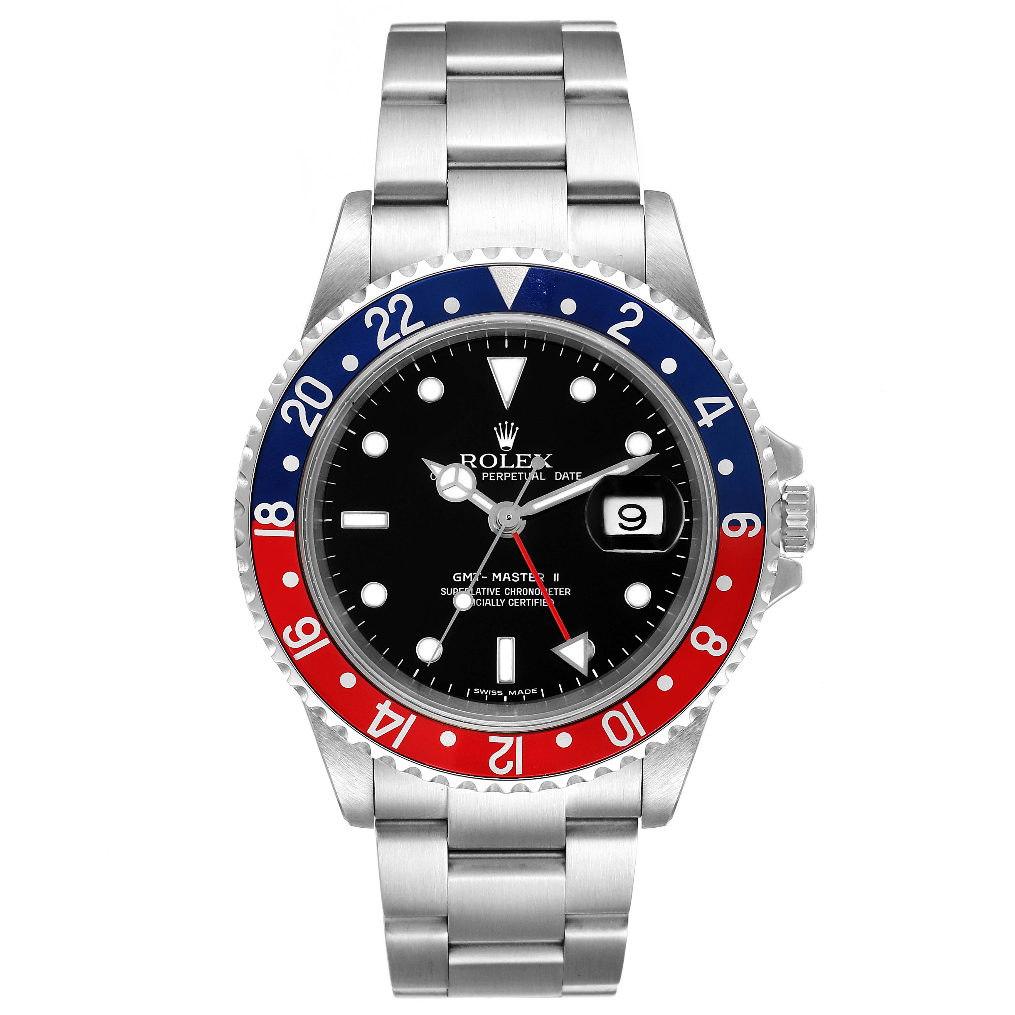 The image shows a full front view of a Rolex GMT-Master 16710 Men
s Stainless Steel Black Dial 16710 Men
s Stainless Steel Black Dial watch, highlighting its bezel, dial, and bracelet.