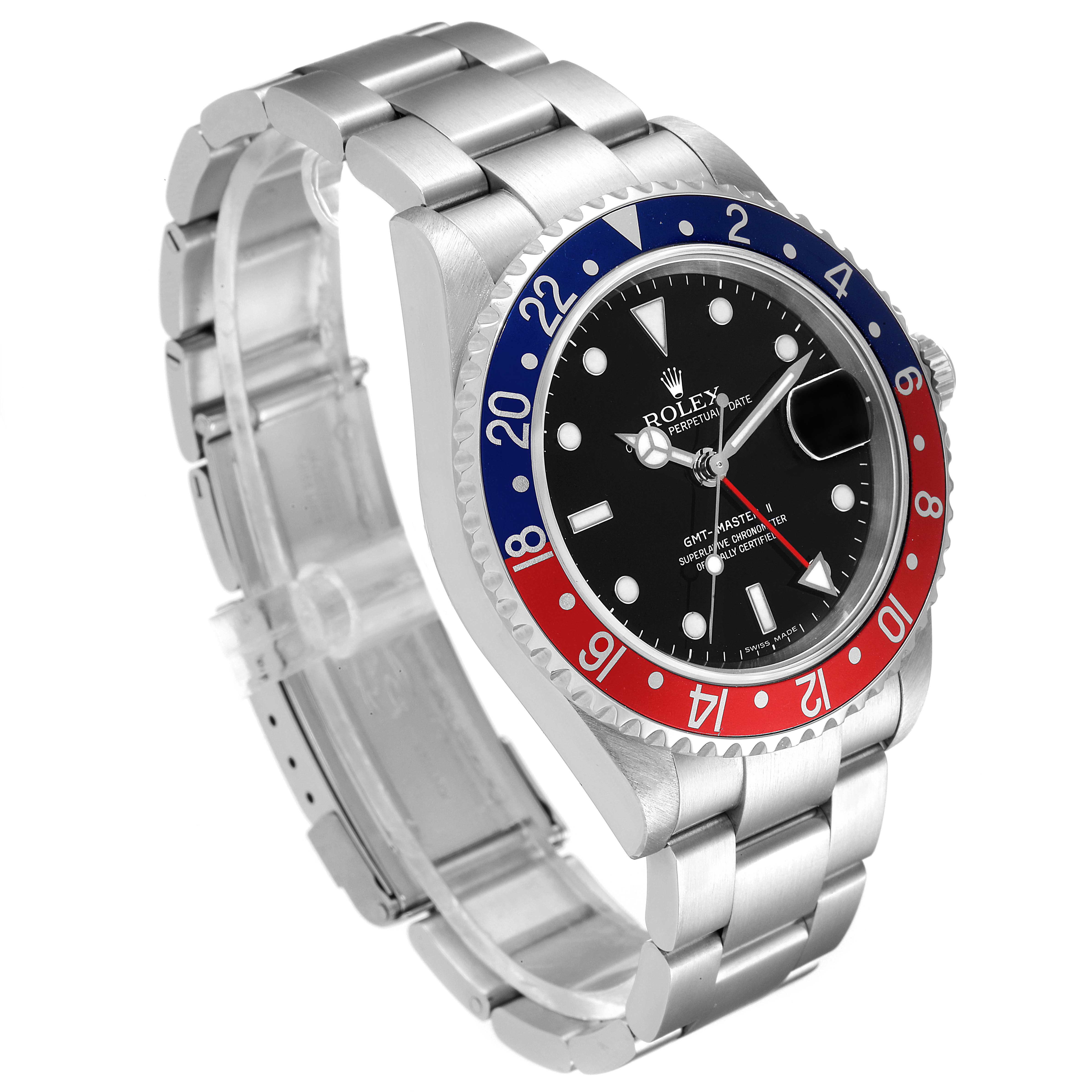 This is a side-angle view of the Rolex GMT-Master 16710 Men
s Stainless Steel Black Dial 16710 Men
s Stainless Steel Black Dial watch, showing the bezel, dial, bracelet, and clasp.