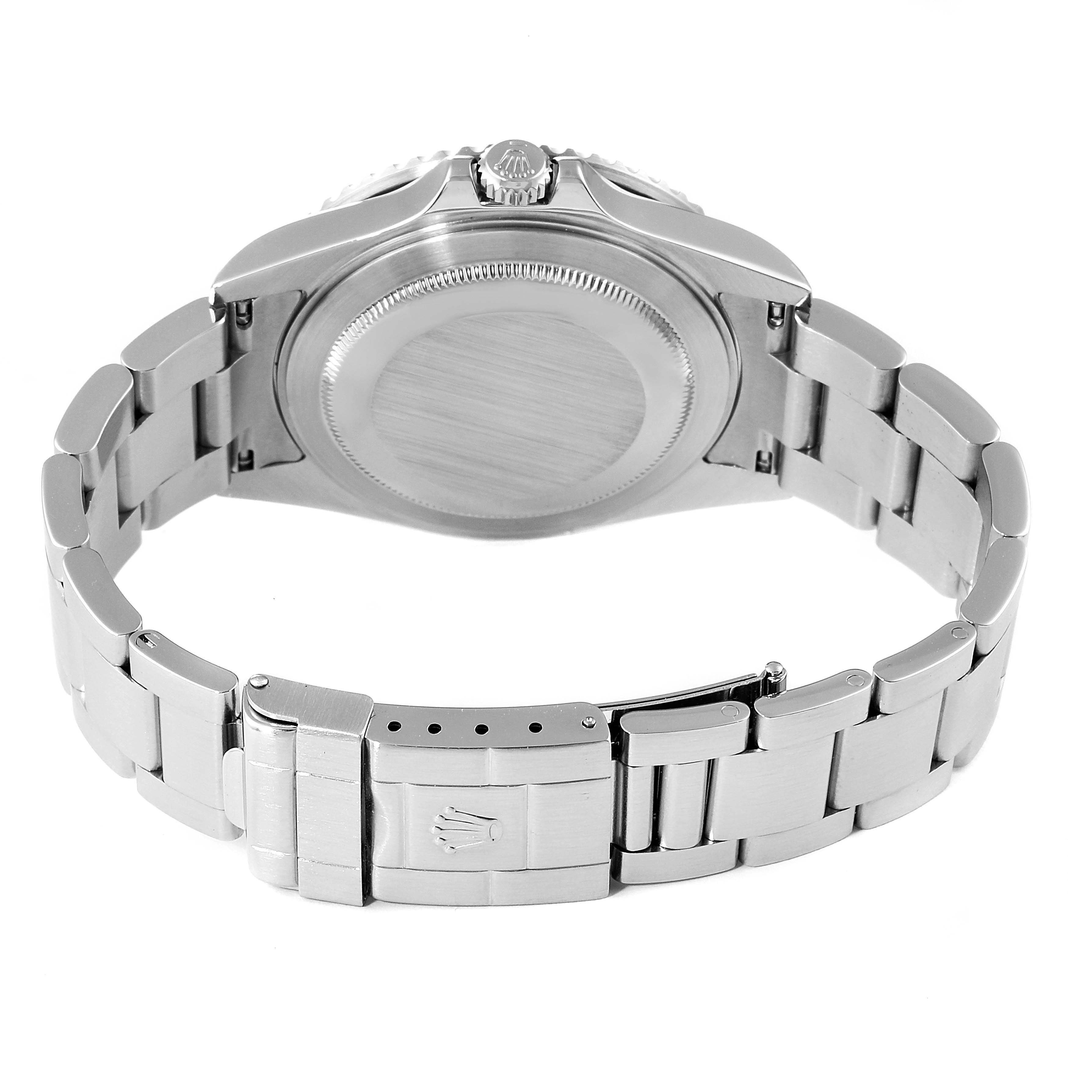 This image shows the back view of a Rolex GMT-Master 16710 Men
s Stainless Steel Black Dial 16710 Men
s Stainless Steel Black Dial watch, highlighting its case back, crown, and bracelet.