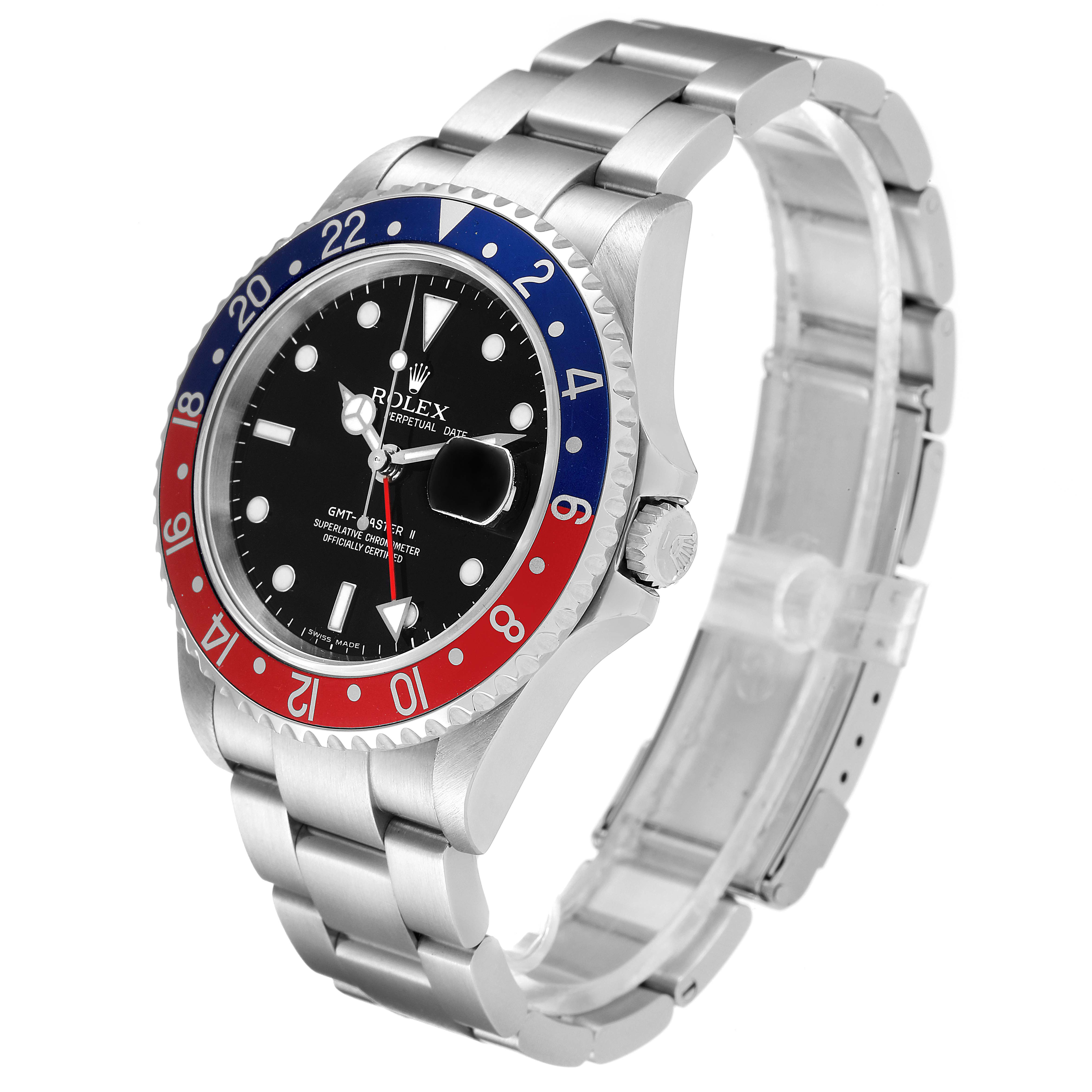 The image shows a right side perspective of a Rolex GMT-Master 16710 Men
s Stainless Steel Black Dial 16710 Men
s Stainless Steel Black Dial watch with its bezel, dial, and band visible.