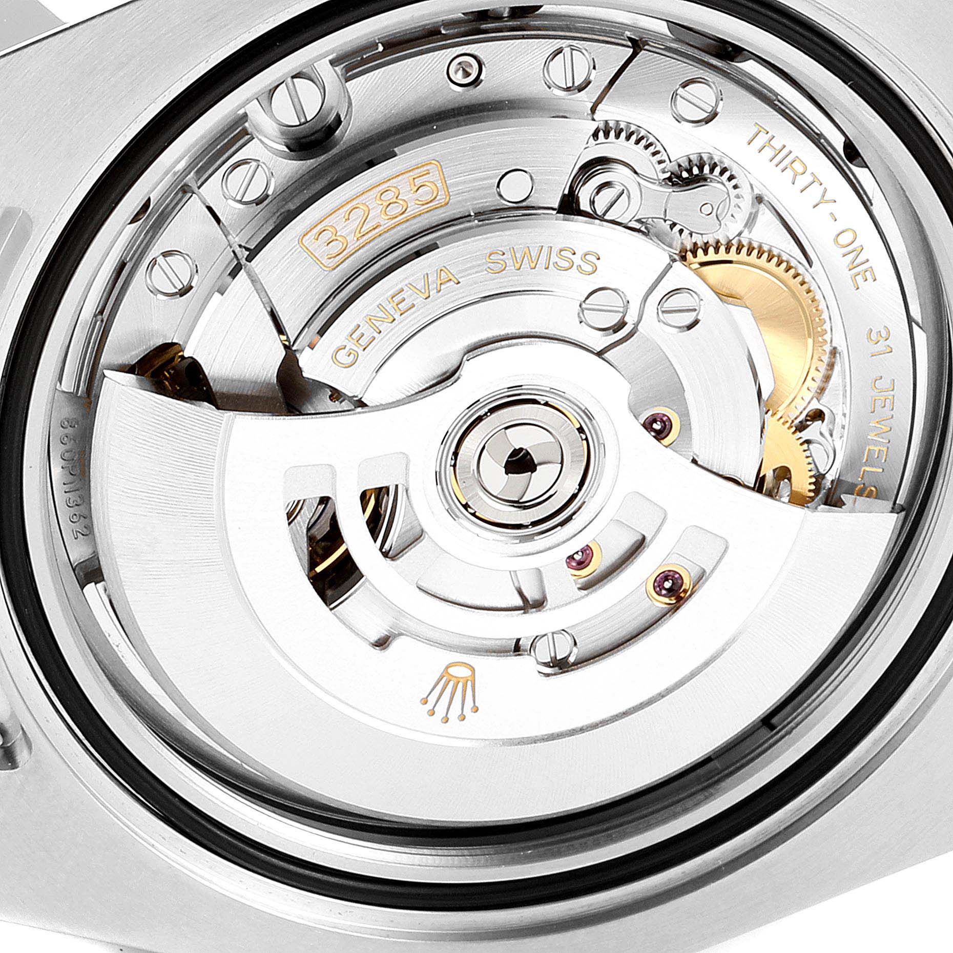 The image shows a close-up of the movement mechanism inside a Rolex GMT-Master 126710 Men
s Stainless Steel Black Dial 126710 Men
s Stainless Steel Black Dial watch.