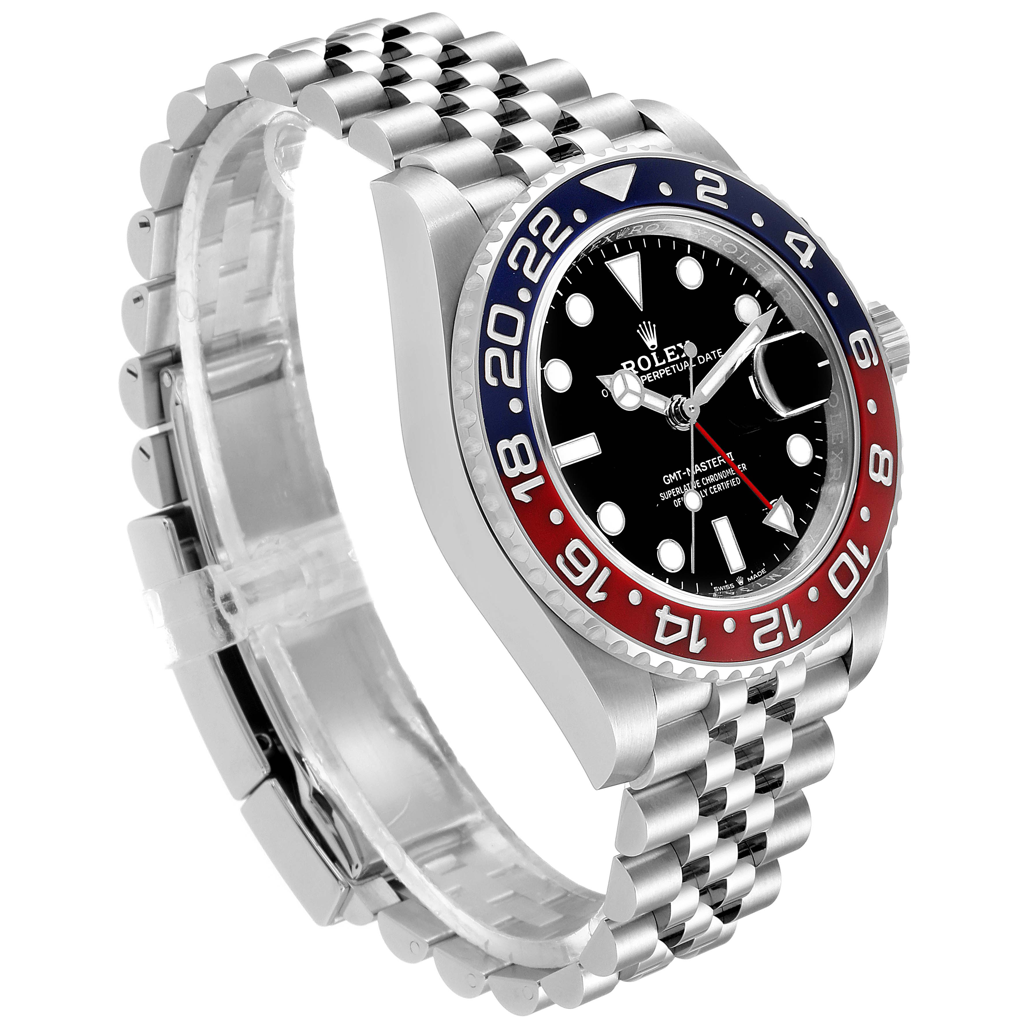 The image shows a Rolex GMT-Master 126710 Men
s Stainless Steel Black Dial 126710 Men
s Stainless Steel Black Dial watch at a side angle, highlighting the bezel, face, and jubilee bracelet.