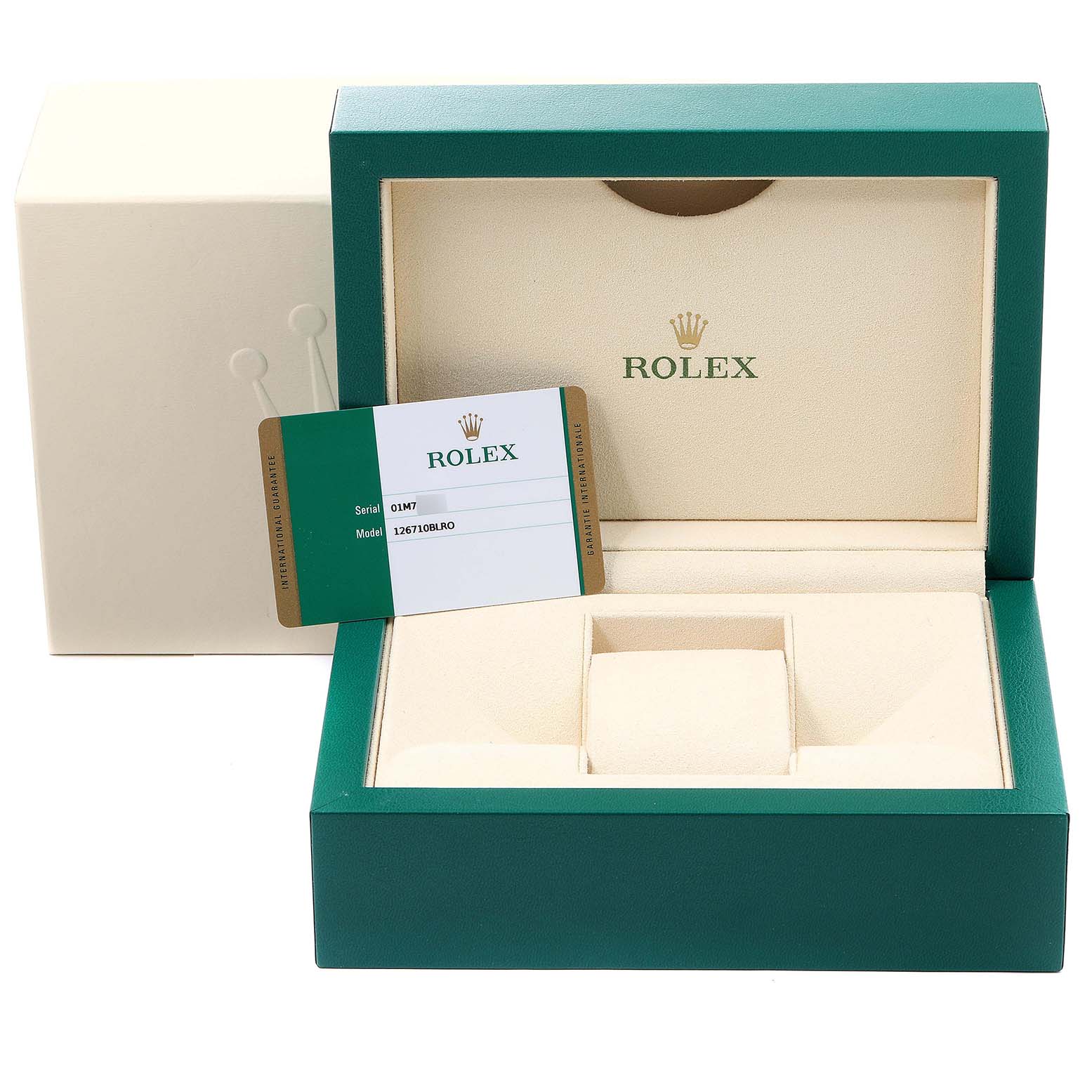 The image shows the open box and guarantee card for a Rolex GMT-Master 126710 Men
s Stainless Steel Black Dial 126710 Men
s Stainless Steel Black Dial model watch.