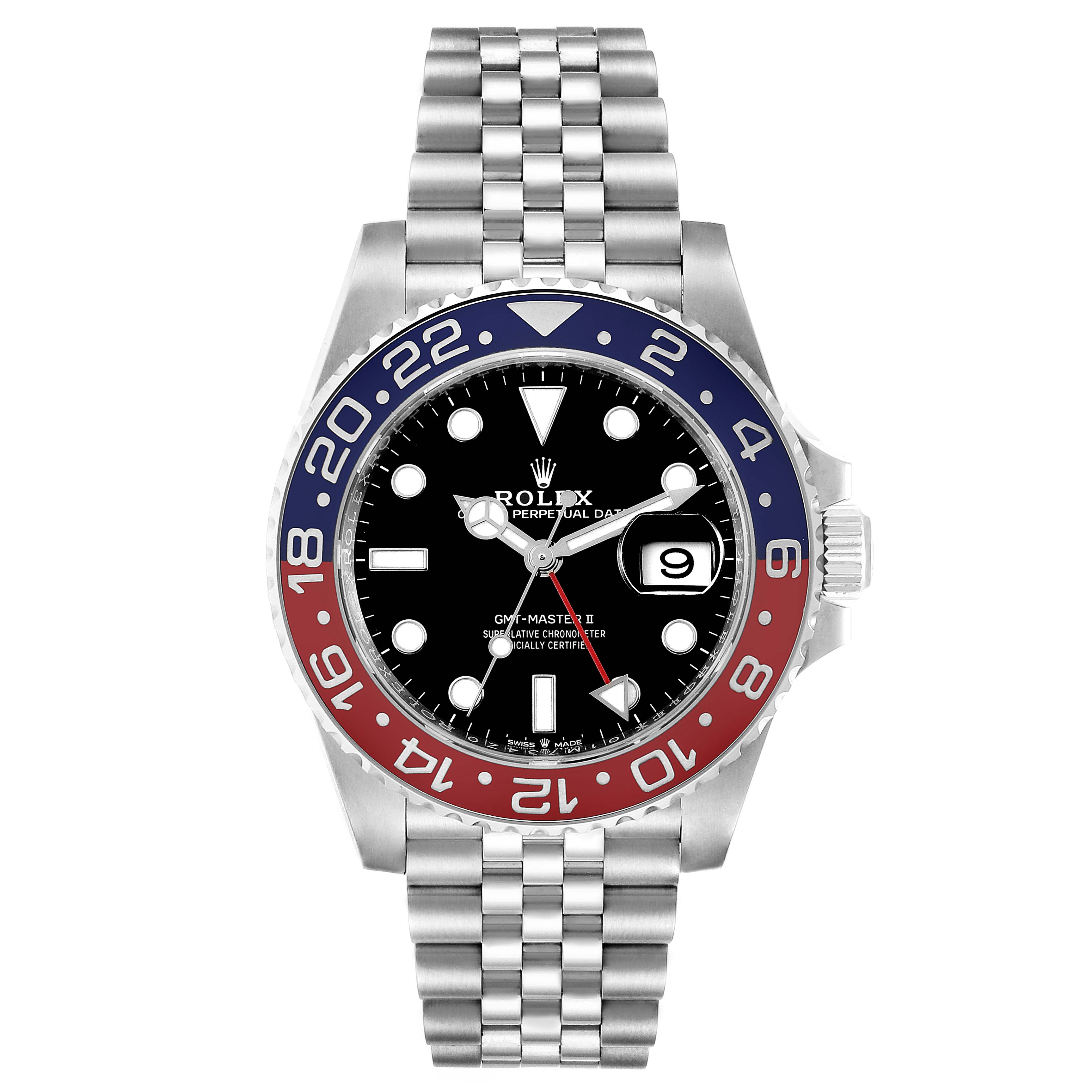 The Rolex GMT-Master 126710 Men
s Stainless Steel Black Dial 126710 Men
s Stainless Steel Black Dial watch is shown from the front, highlighting its bezel, dial, and bracelet.