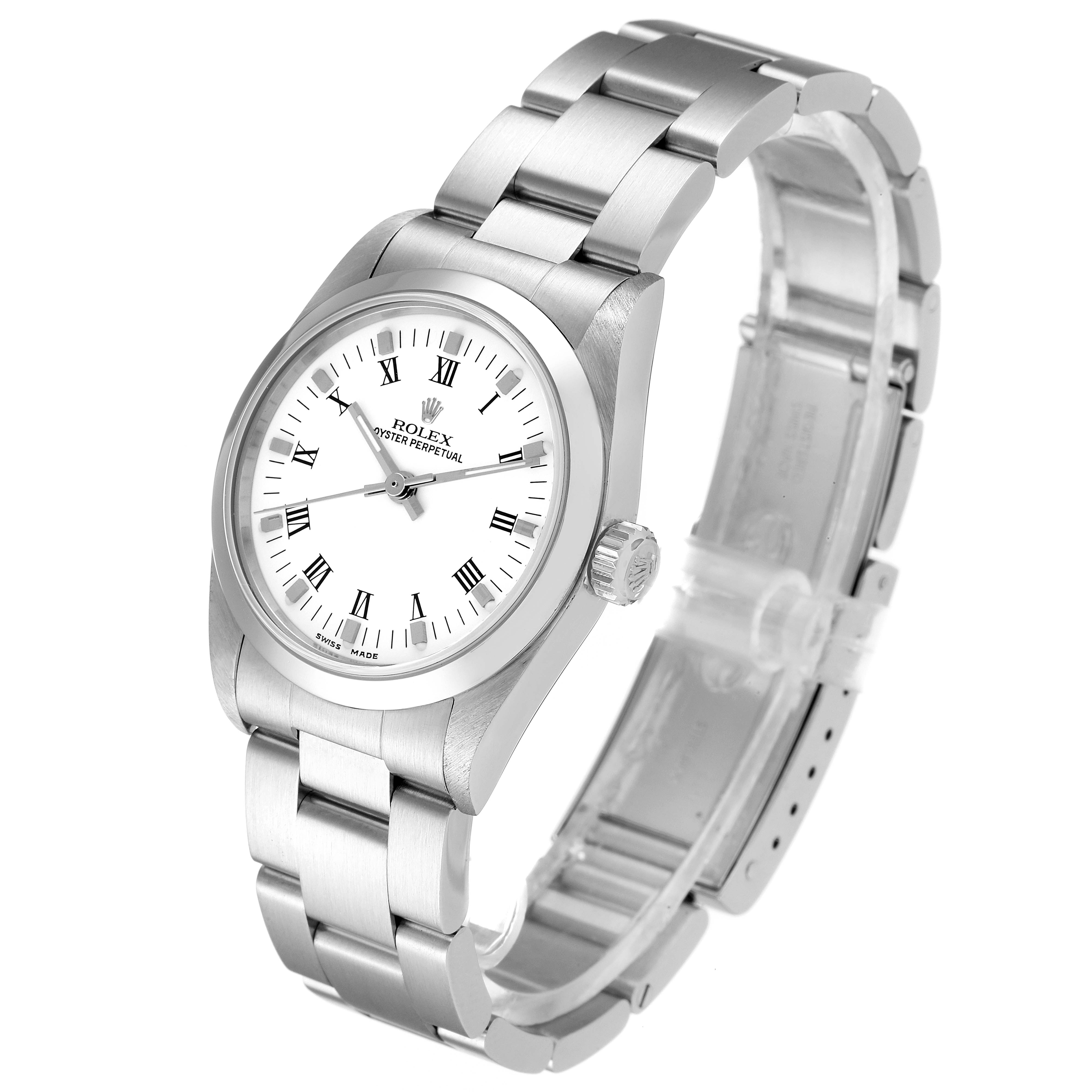This Rolex Mid-Size 77080 Women
s Stainless Steel White Dial 77080 Women
s Stainless Steel White Dial model is shown from a three-quarter angle, displaying the face, bezel, crown, and bracelet.