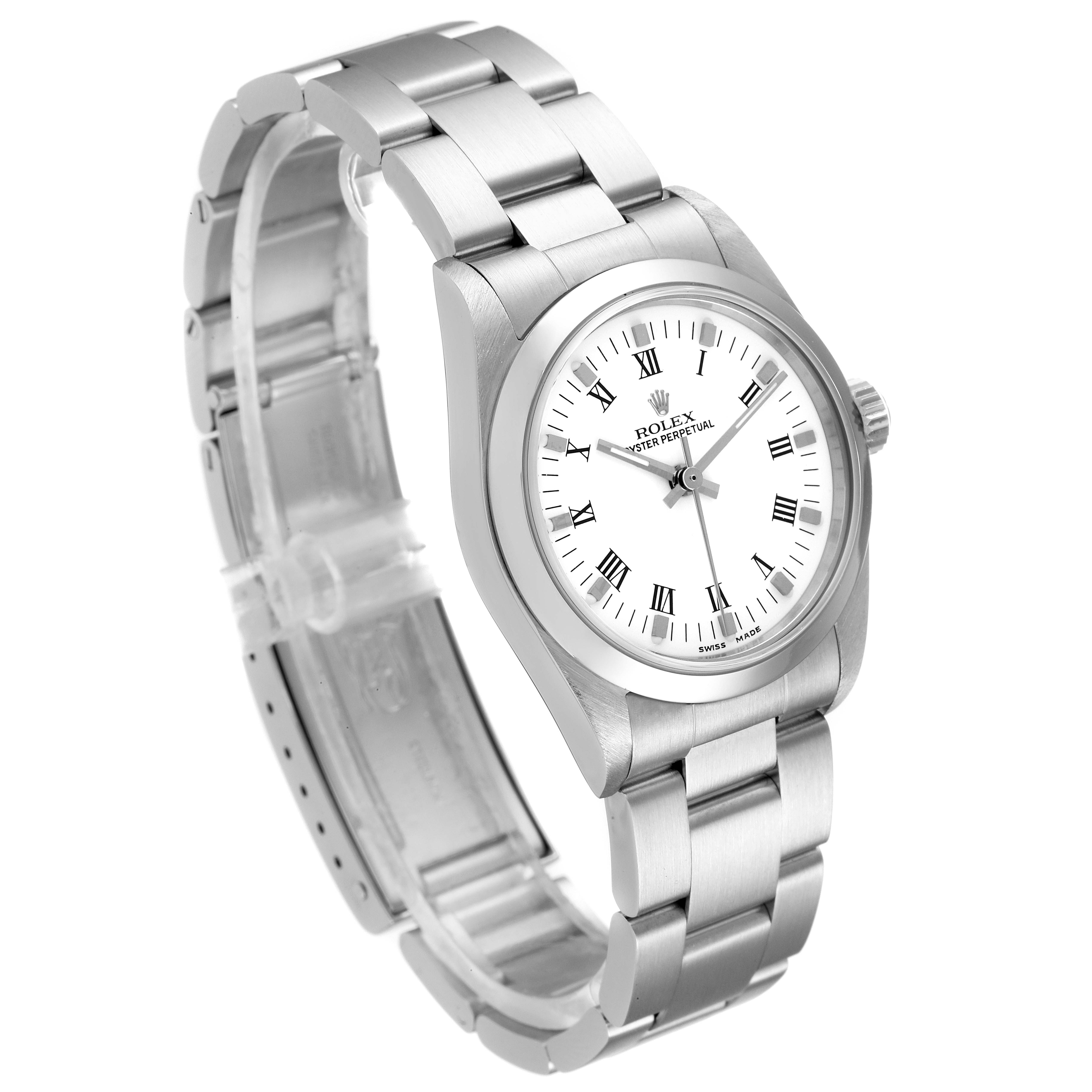 This image shows a Rolex Mid-Size 77080 Women
s Stainless Steel White Dial 77080 Women
s Stainless Steel White Dial model watch, angled to display the full bracelet and the watch face.