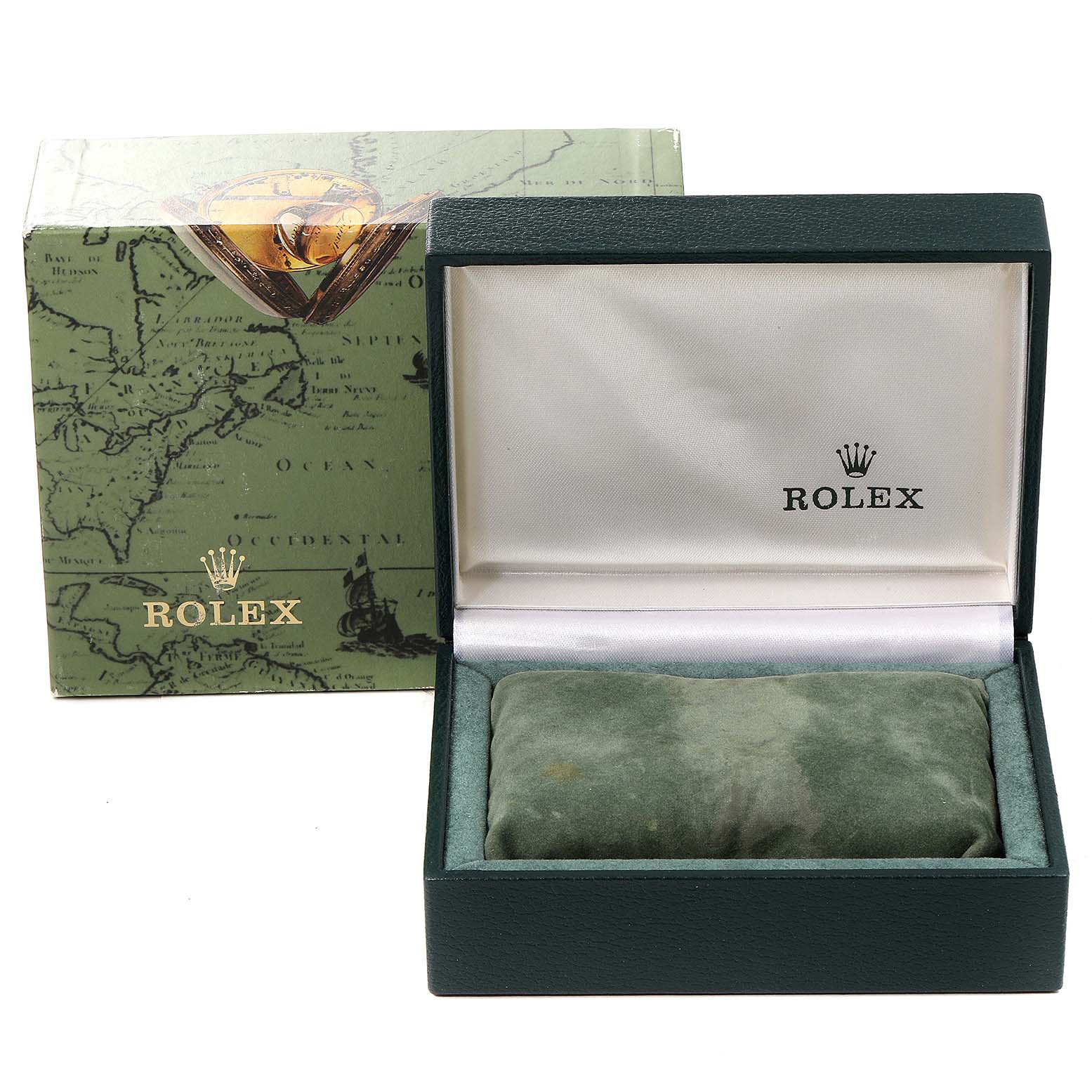 The image shows an open Rolex Mid-Size 77080 Women
s Stainless Steel White Dial 77080 Women
s Stainless Steel White Dial watch box, revealing the watch pillow inside, with the exterior box in the background.