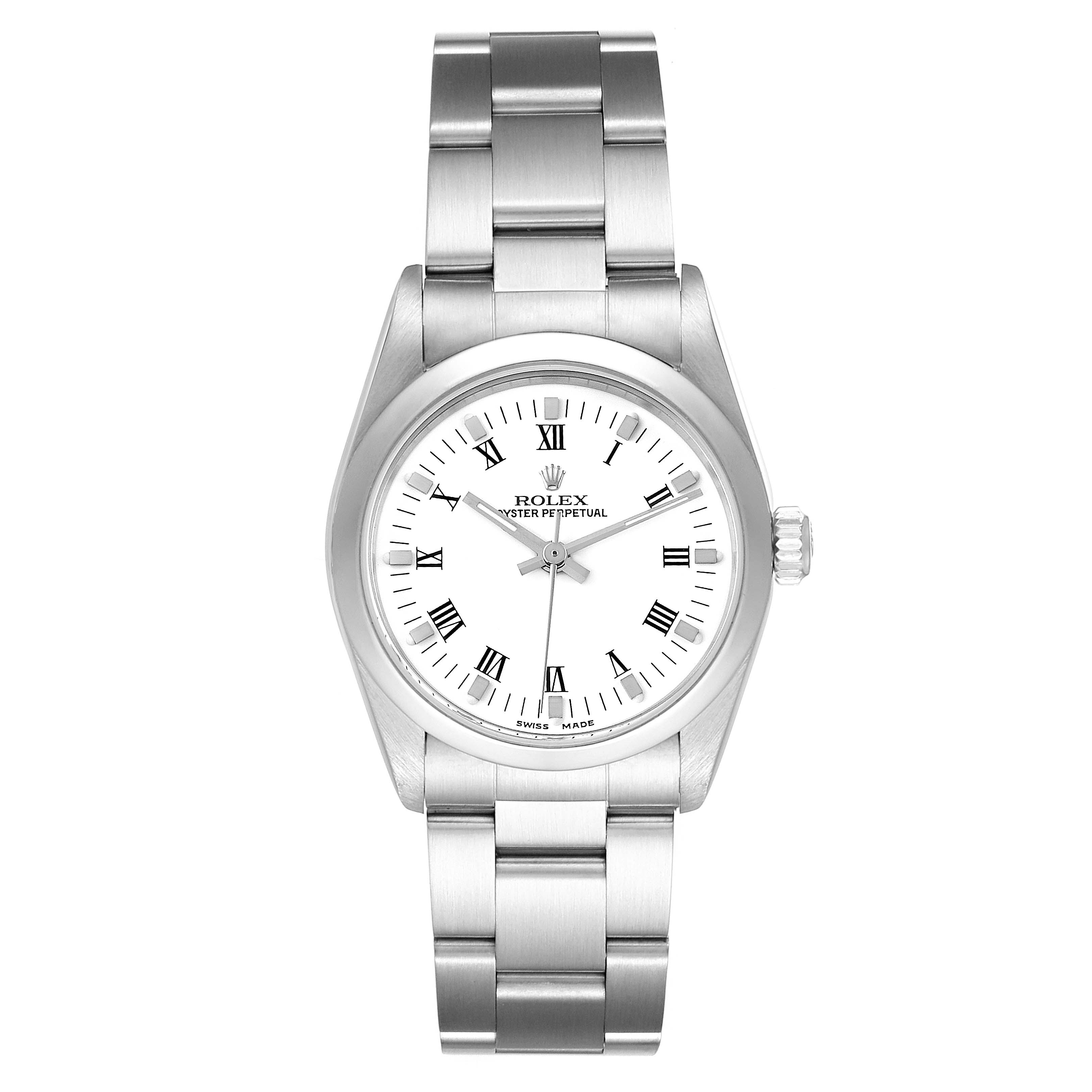 This image shows a front view of a Rolex Mid-Size 77080 Women
s Stainless Steel White Dial 77080 Women
s Stainless Steel White Dial Oyster Perpetual watch with a white dial and a stainless steel bracelet.