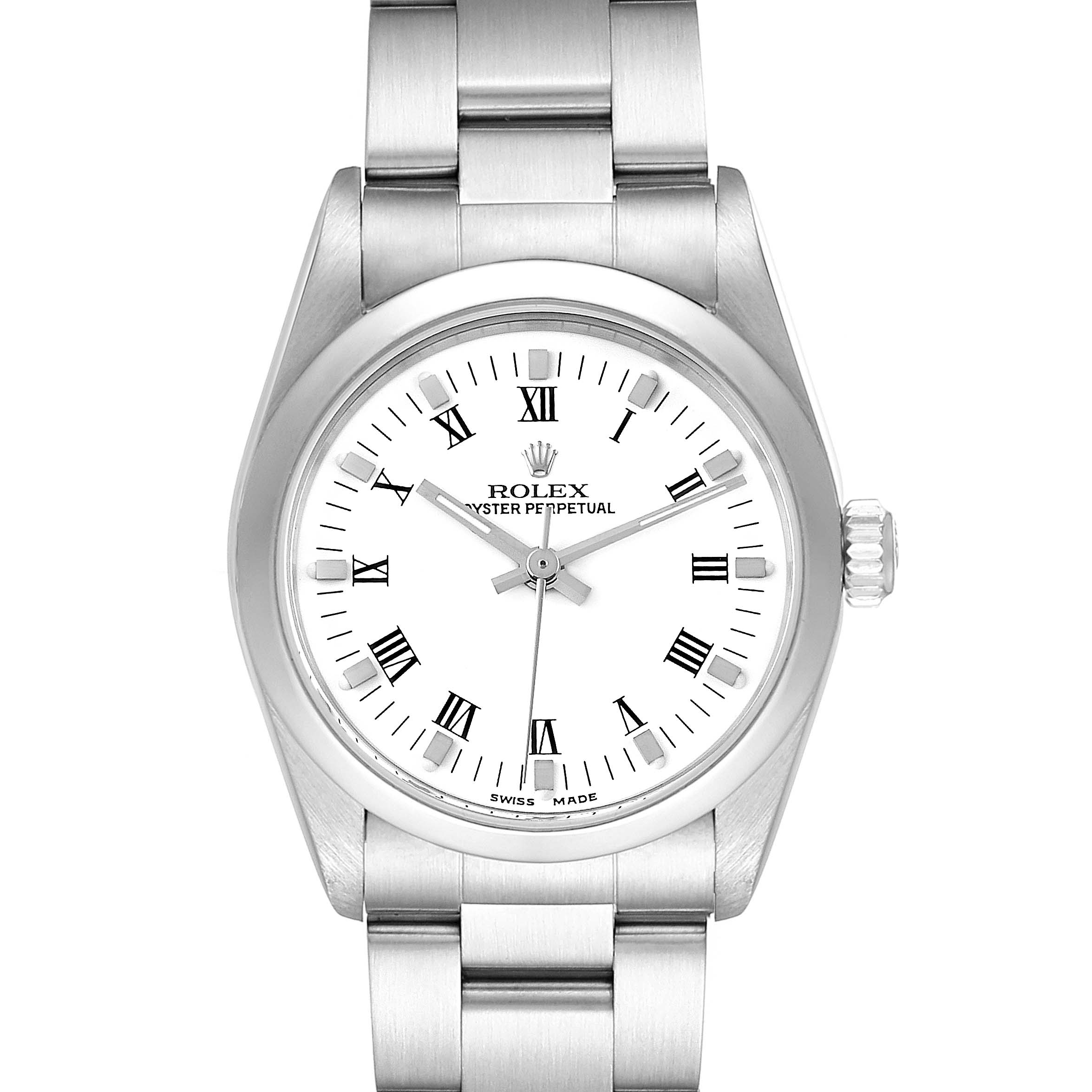 This image shows a front view of a Rolex Mid-Size 77080 Women
s Stainless Steel White Dial 77080 Women
s Stainless Steel White Dial Oyster Perpetual watch with a stainless steel bracelet and roman numeral hour markers.