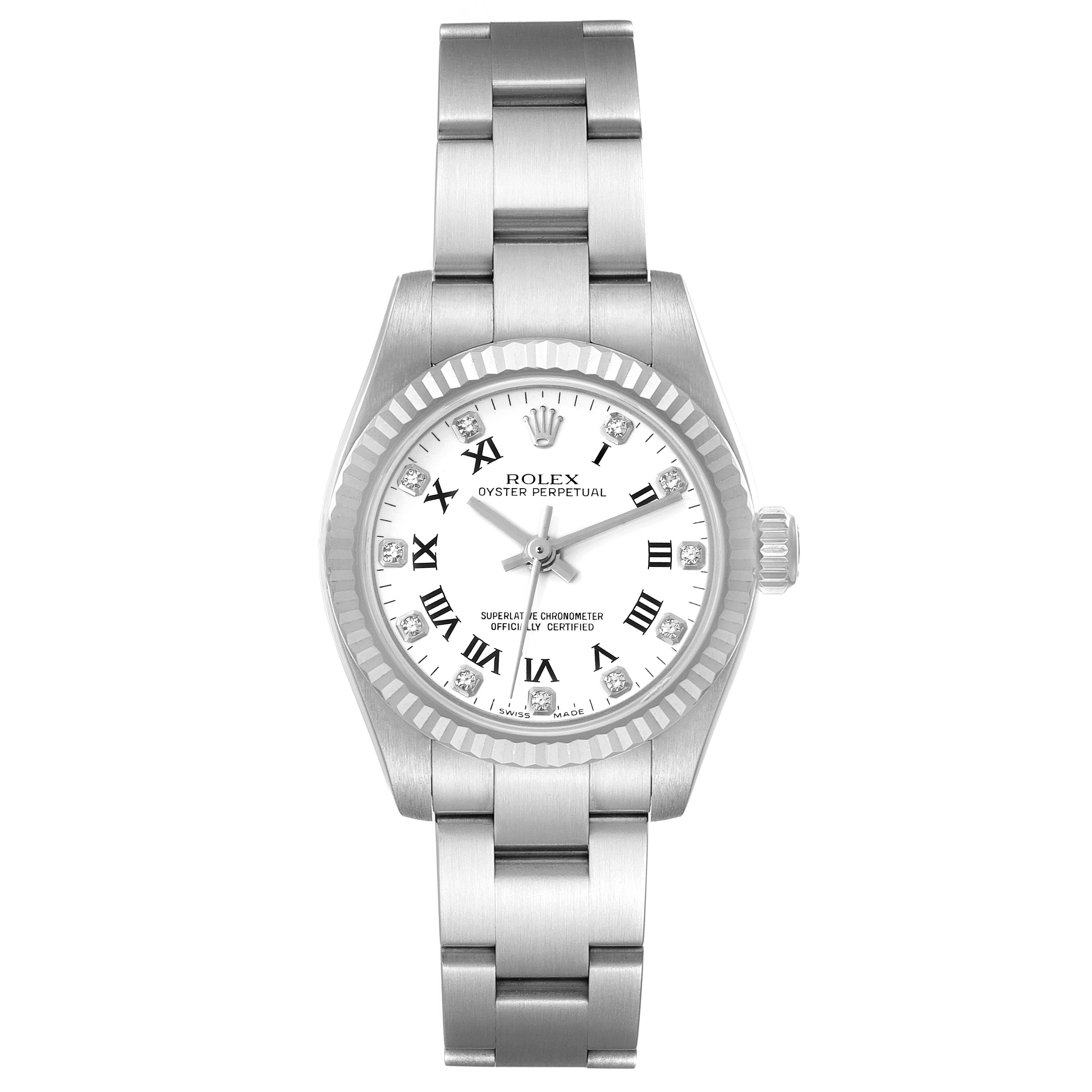 This Rolex Oyster Perpetual 176234 Women's Stainless Steel White Dial 176234 Women's Stainless Steel White Dial watch is shown from a front angle, displaying the dial, case, and bracelet.