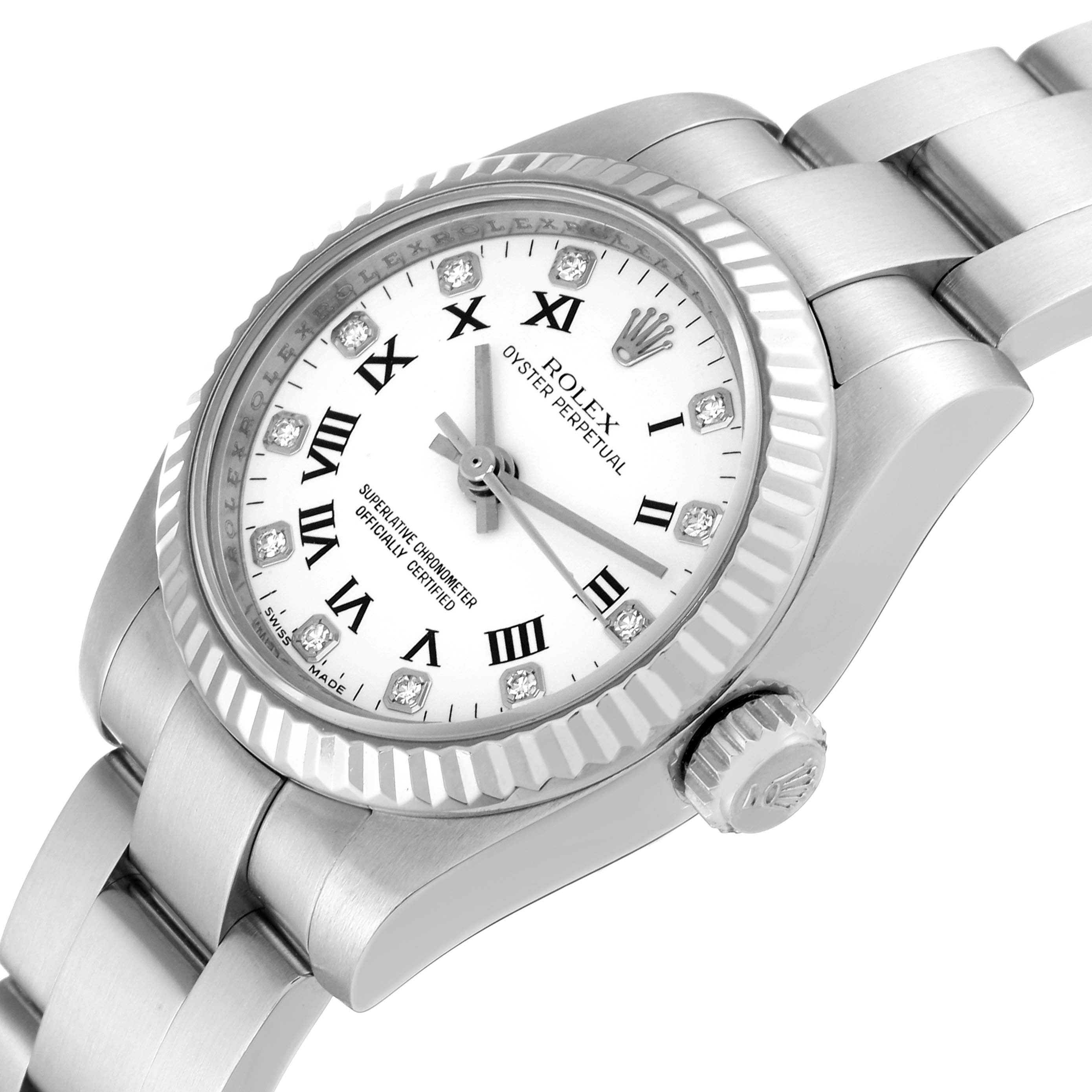 This is a close-up angled view of the Rolex Oyster Perpetual 176234 Women's Stainless Steel White Dial 176234 Women's Stainless Steel White Dial watch showing the dial, fluted bezel, crown, and part of the bracelet.