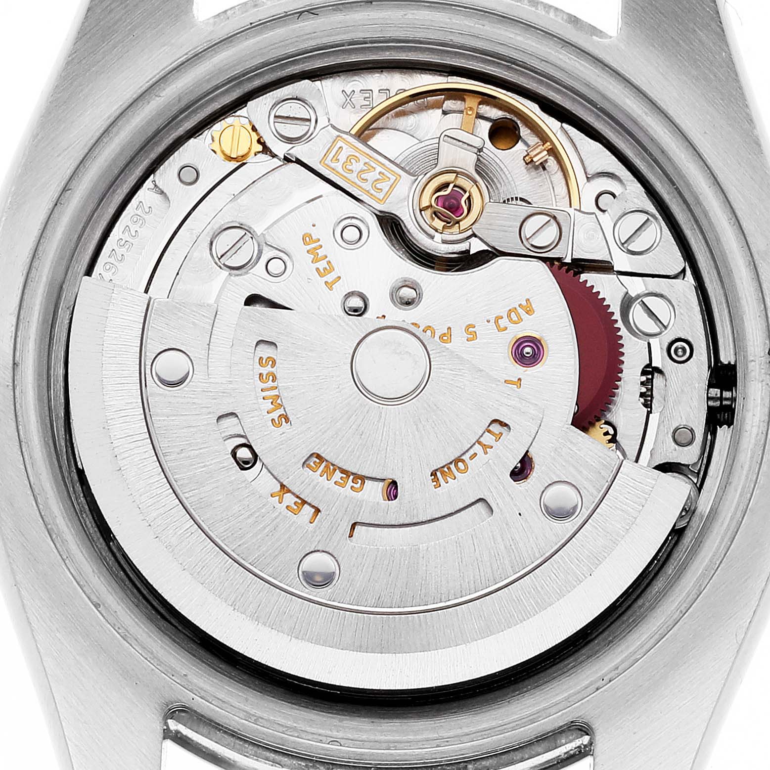 The image shows the movement mechanism inside the back casing of a Rolex Oyster Perpetual 176234 Women's Stainless Steel White Dial 176234 Women's Stainless Steel White Dial watch.