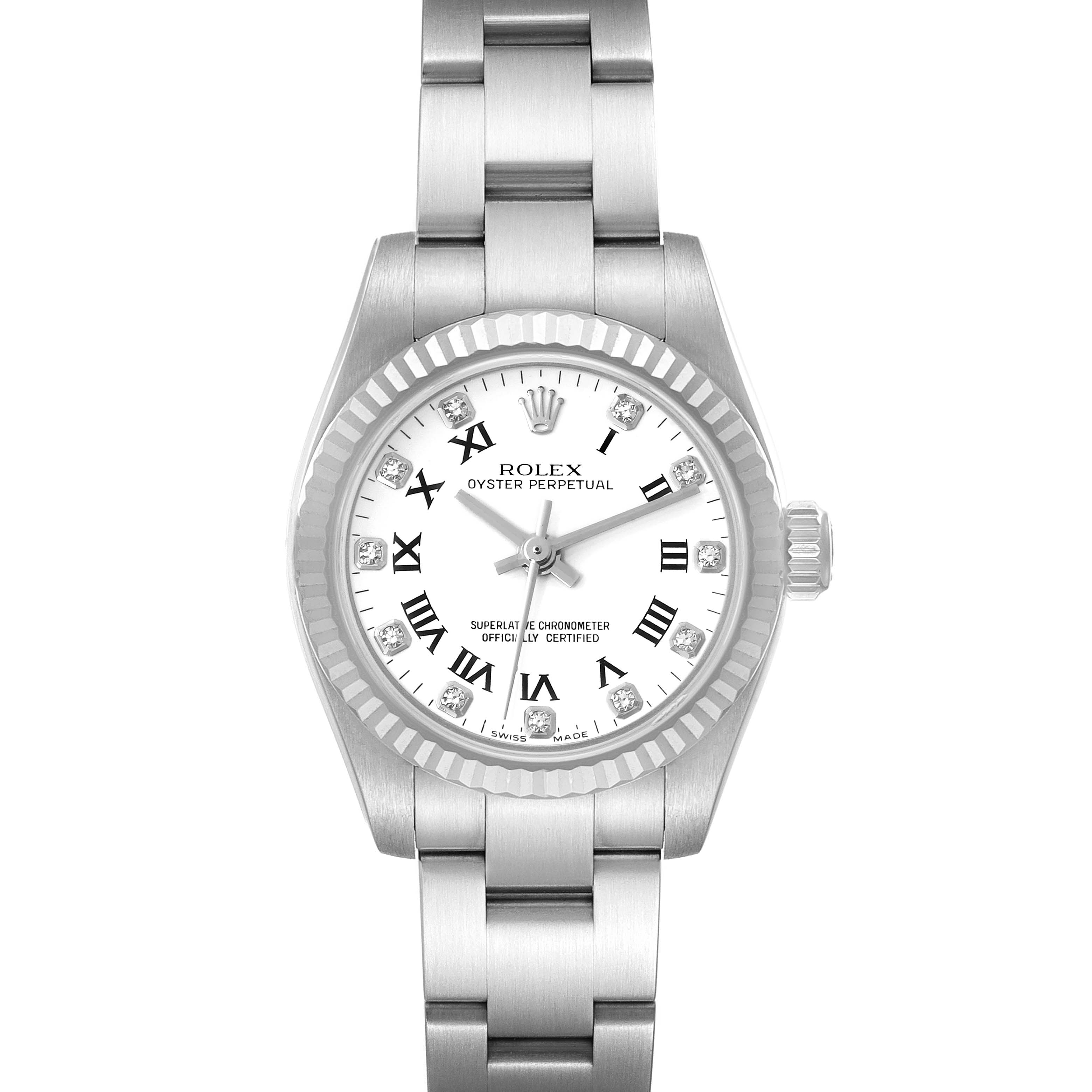 The image shows a front view of a Rolex Oyster Perpetual 176234 Women's Stainless Steel White Dial 176234 Women's Stainless Steel White Dial watch, highlighting its face and bracelet.