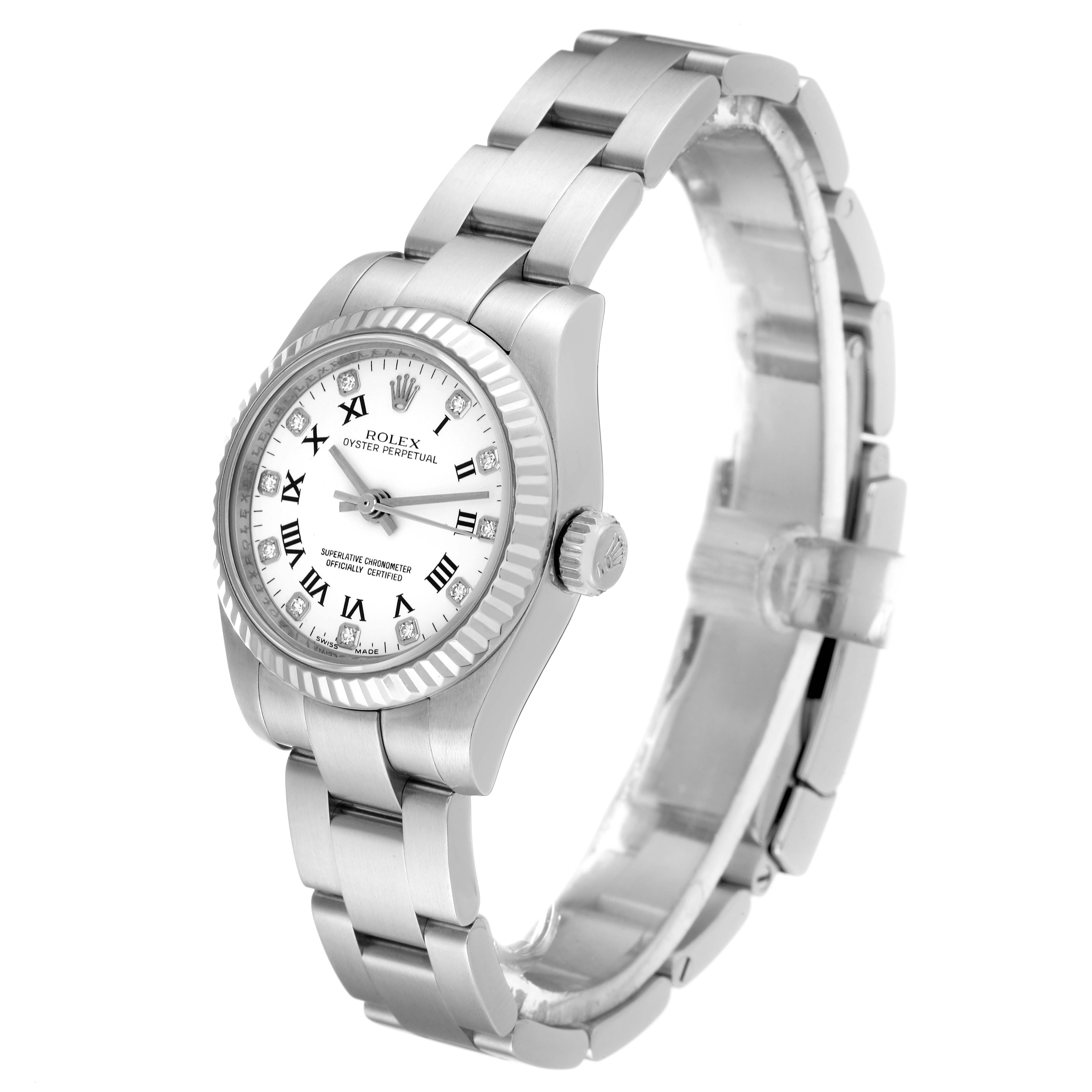 The Rolex Oyster Perpetual 176234 Women's Stainless Steel White Dial 176234 Women's Stainless Steel White Dial watch is shown at an angled side view, highlighting the dial, bracelet, and bezel.