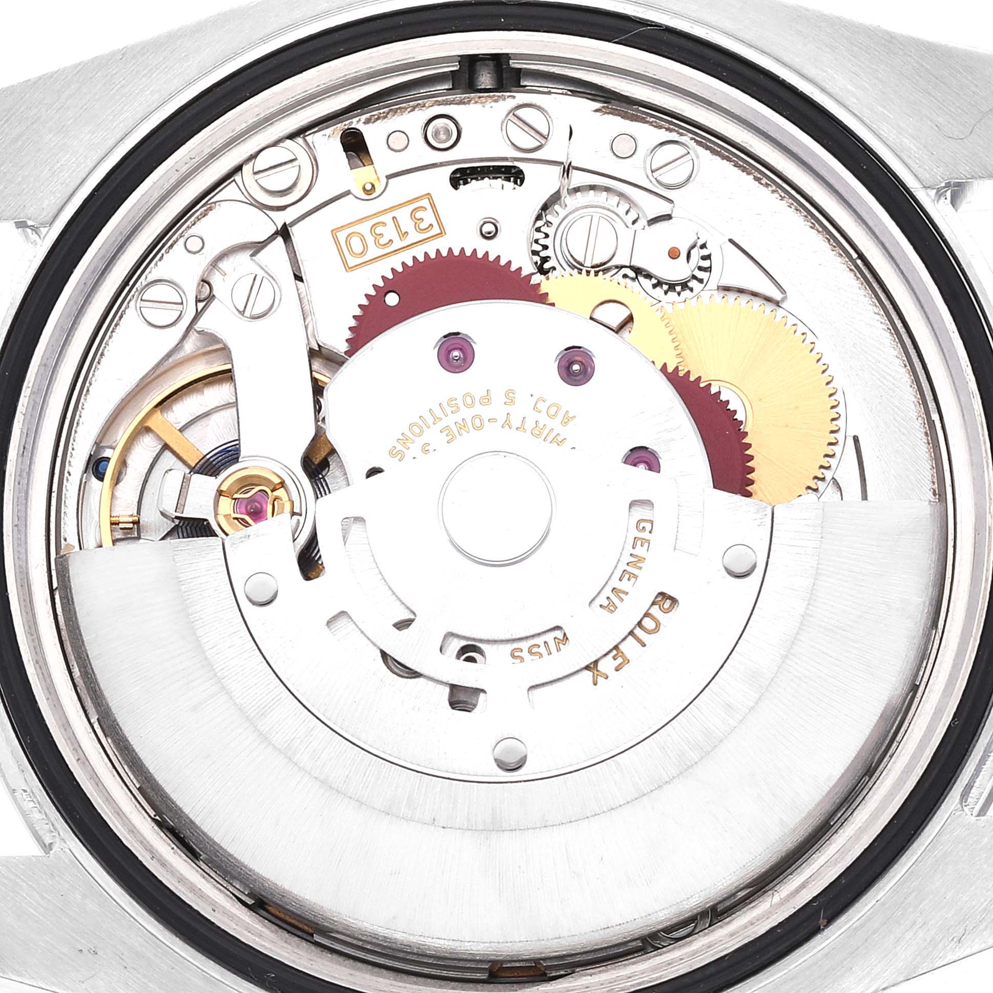 The image shows the internal mechanical movement of a Rolex Oyster Perpetual 116000 Men's Stainless Steel Burgundy Dial 116000 Men's Stainless Steel Burgundy Dial watch, viewed from the back case.