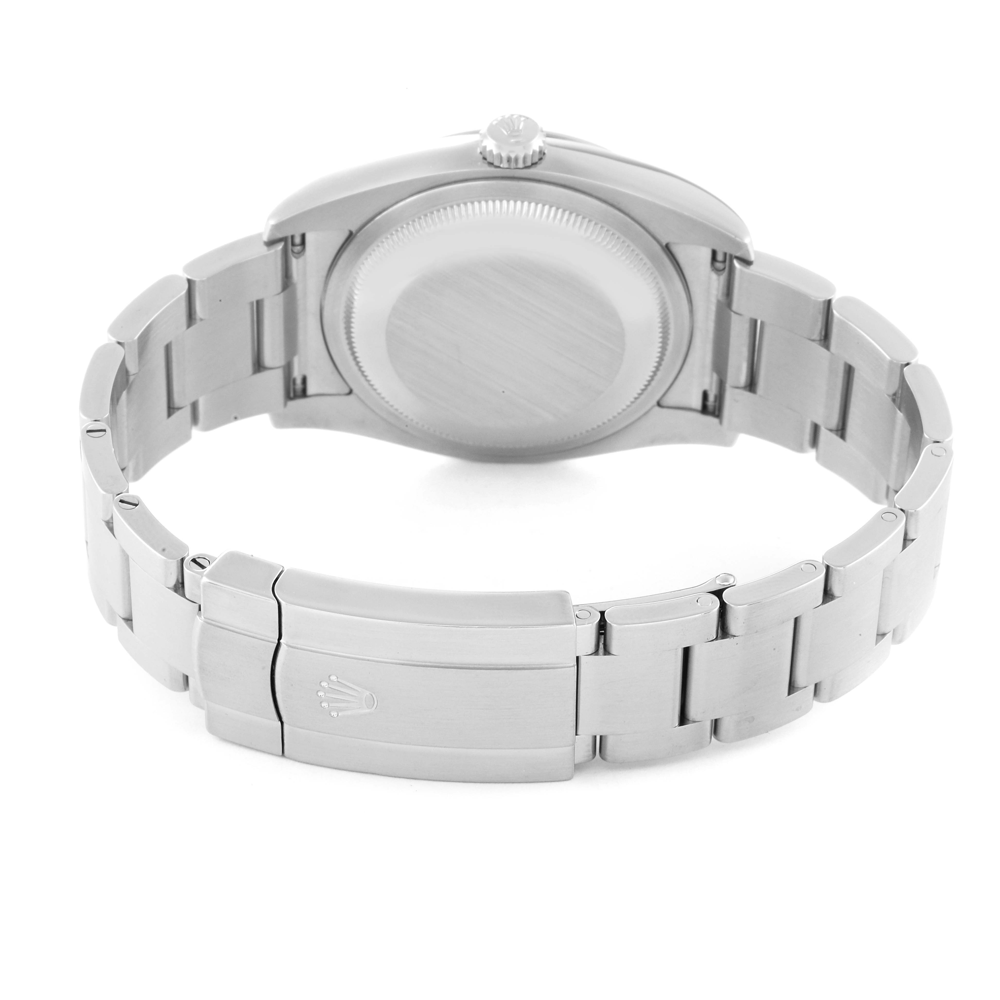 The image shows the back view of the Rolex Oyster Perpetual 116000 Men's Stainless Steel Burgundy Dial 116000 Men's Stainless Steel Burgundy Dial watch, highlighting the case back, crown, and bracelet clasp.