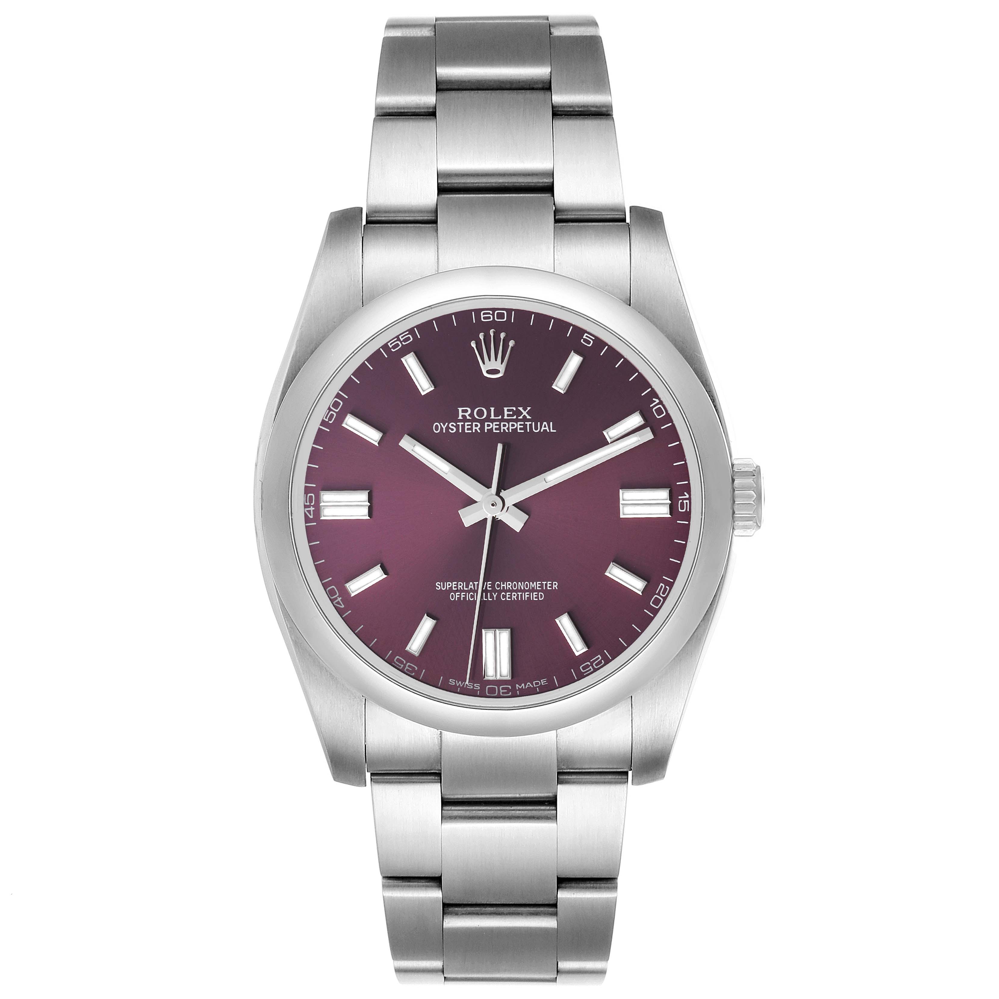 This image shows a front view of a Rolex Oyster Perpetual 116000 Men's Stainless Steel Burgundy Dial 116000 Men's Stainless Steel Burgundy Dial watch, displaying its dial, markers, hands, and stainless steel bracelet.