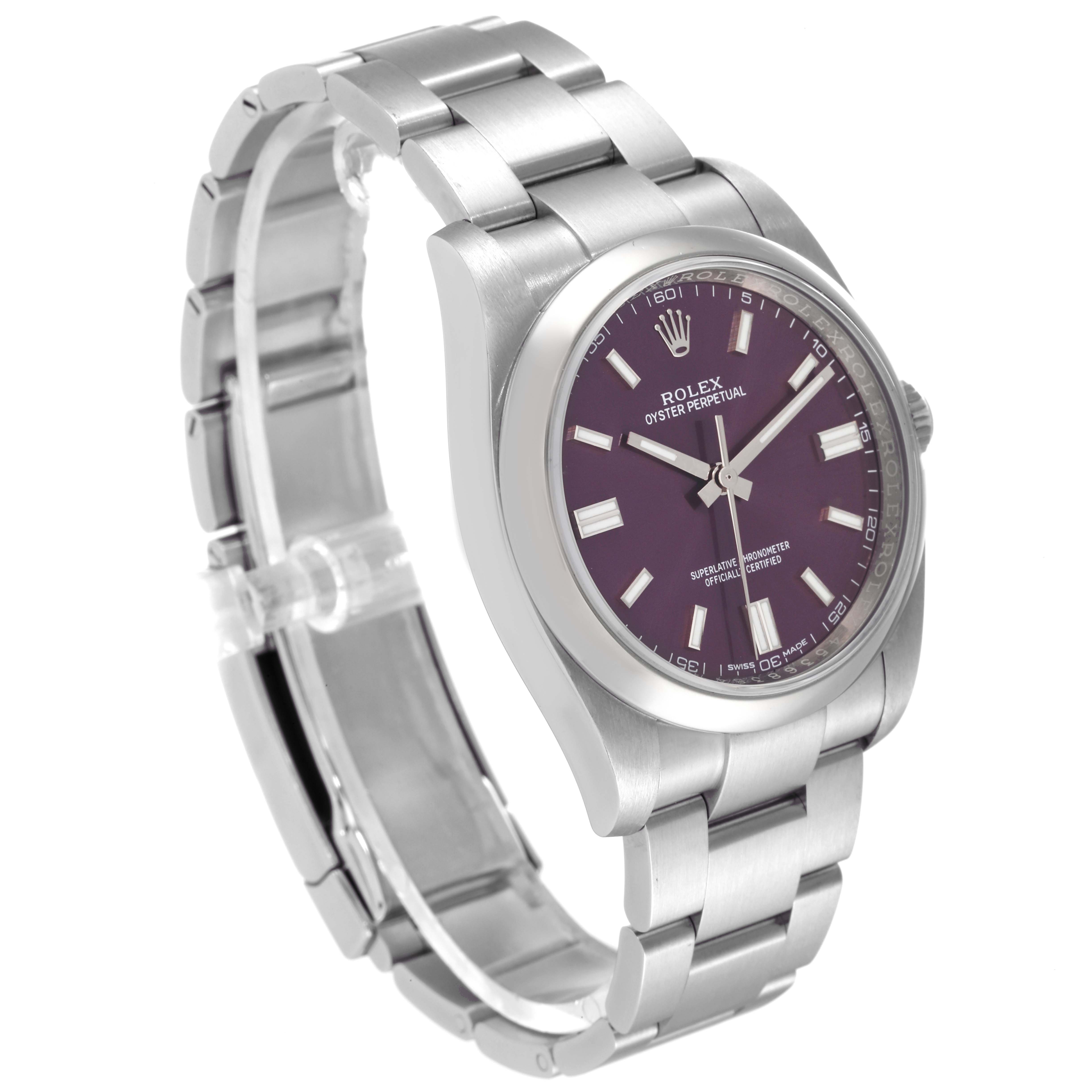 The image shows a Rolex Oyster Perpetual 116000 Men's Stainless Steel Burgundy Dial 116000 Men's Stainless Steel Burgundy Dial watch at a three-quarter angle, displaying its bracelet, case, and dial.