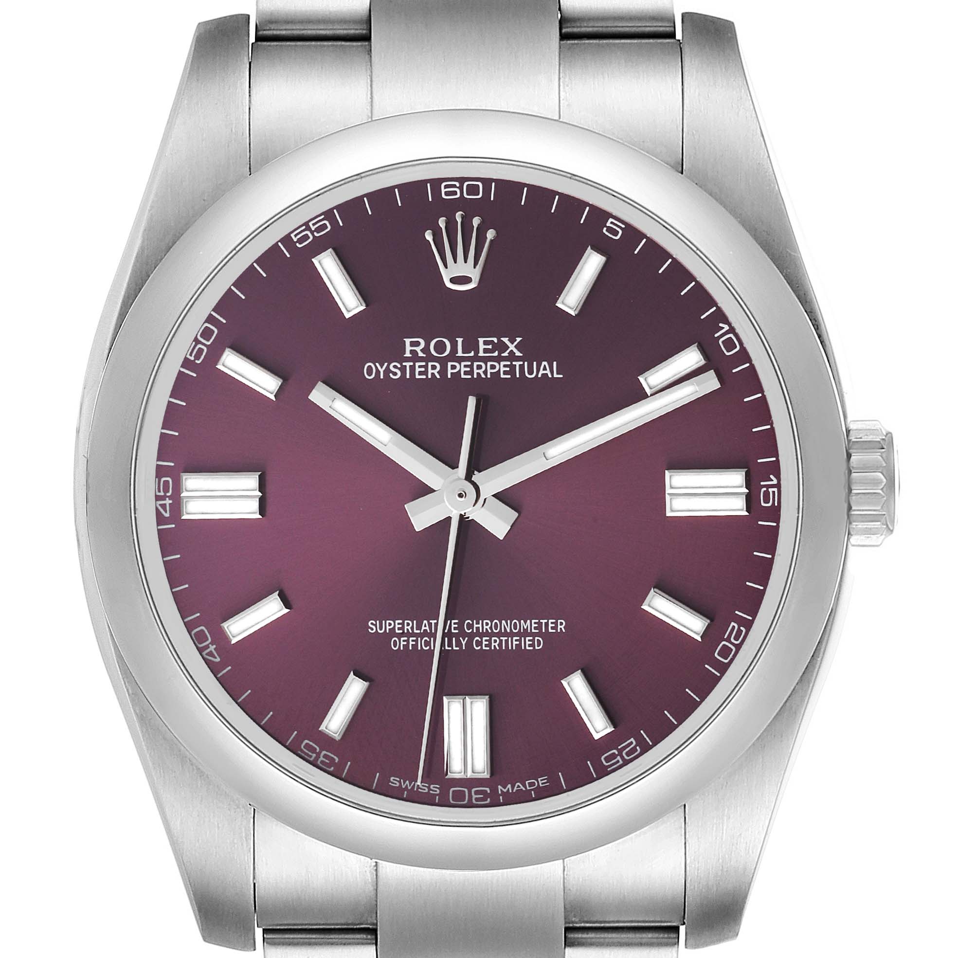 The image shows a frontal view of a Rolex Oyster Perpetual 116000 Men's Stainless Steel Burgundy Dial 116000 Men's Stainless Steel Burgundy Dial watch, highlighting its dial, bezel, case, and part of the bracelet.