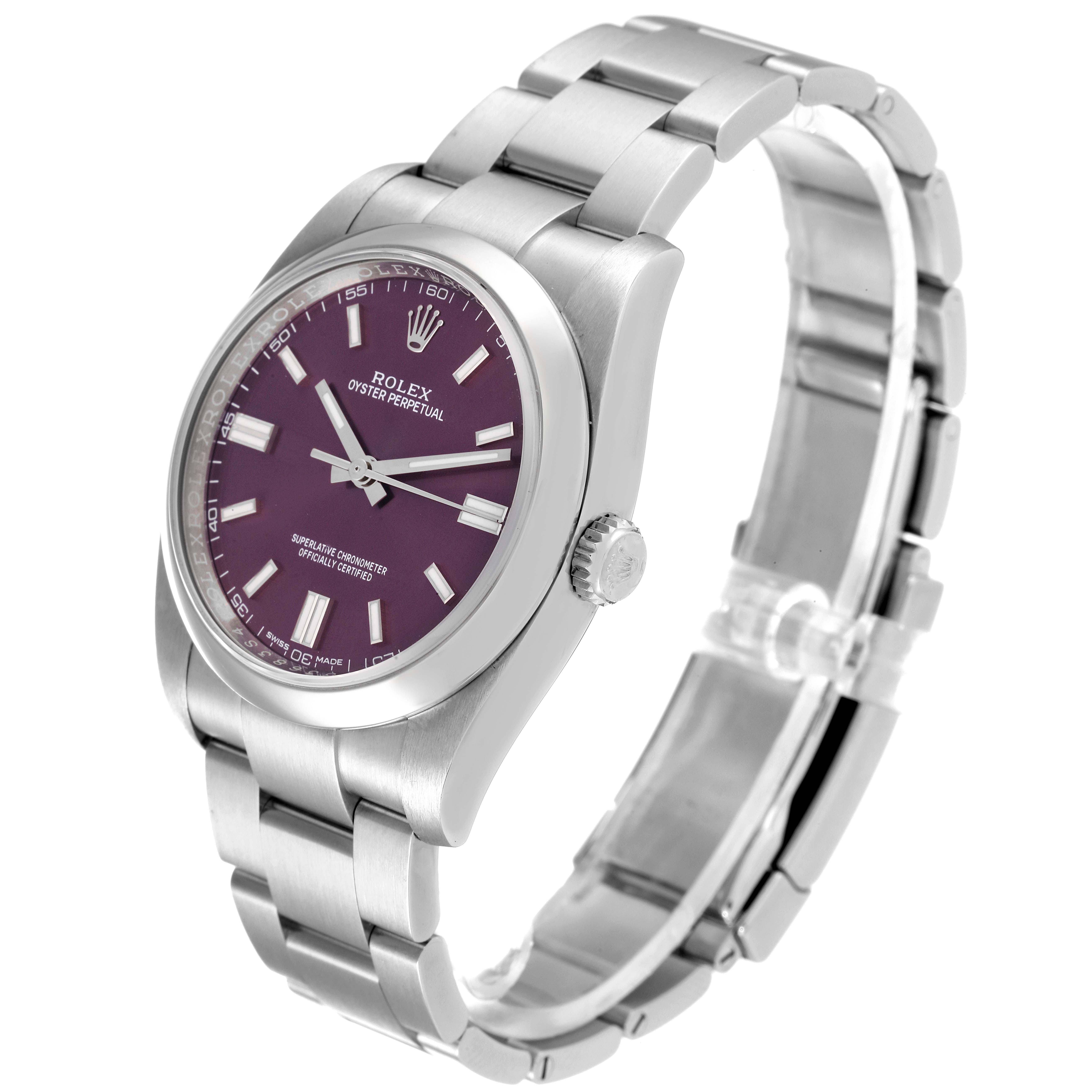 The image showcases a Rolex Oyster Perpetual 116000 Men's Stainless Steel Burgundy Dial 116000 Men's Stainless Steel Burgundy Dial watch at an angled side view, highlighting its face, bracelet, and clasp.